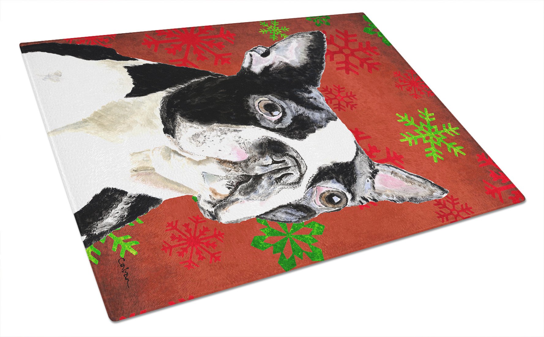 Boston Terrier Red and Green Snowflakes Christmas Glass Cutting Board Large by Caroline's Treasures