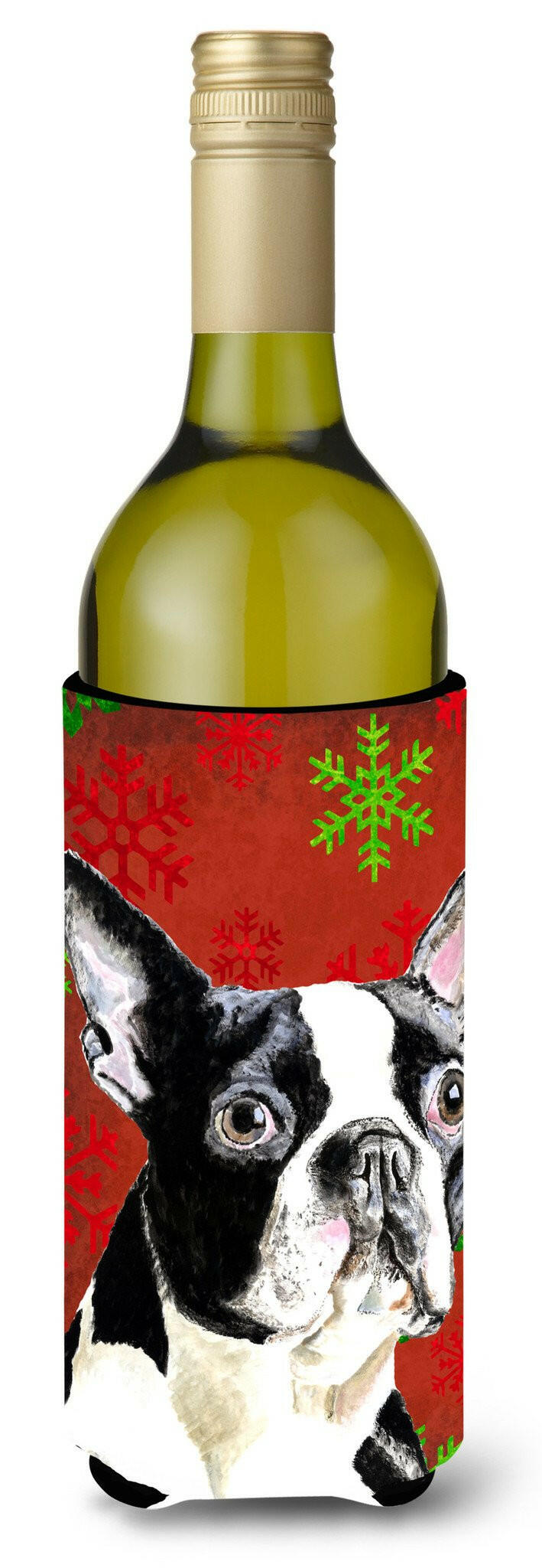 Boston Terrier Red Green Snowflakes Christmas Wine Bottle Beverage Insulator Beverage Insulator Hugger by Caroline&#39;s Treasures