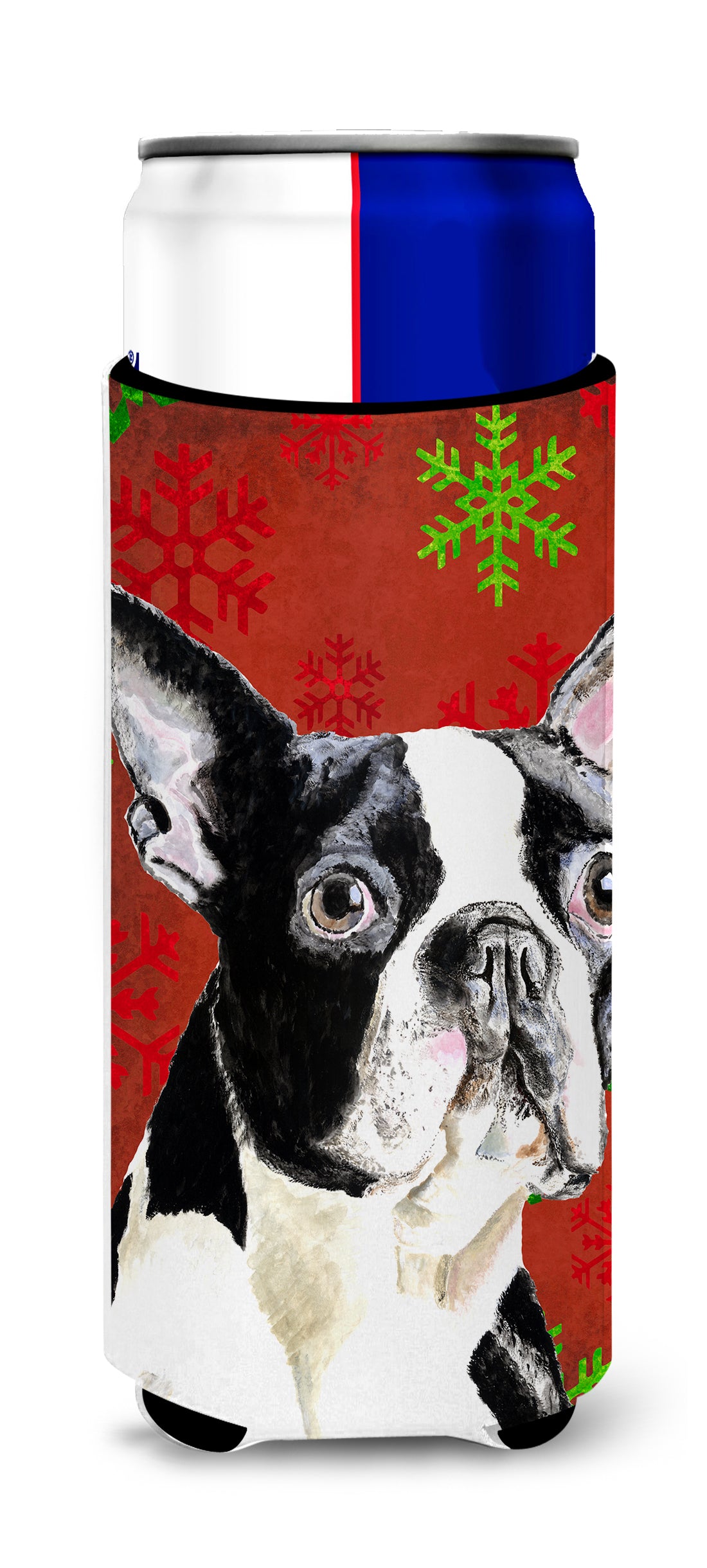 Boston Terrier Red Green Snowflakes Christmas Ultra Beverage Isolateurs pour canettes minces SC9400MUK