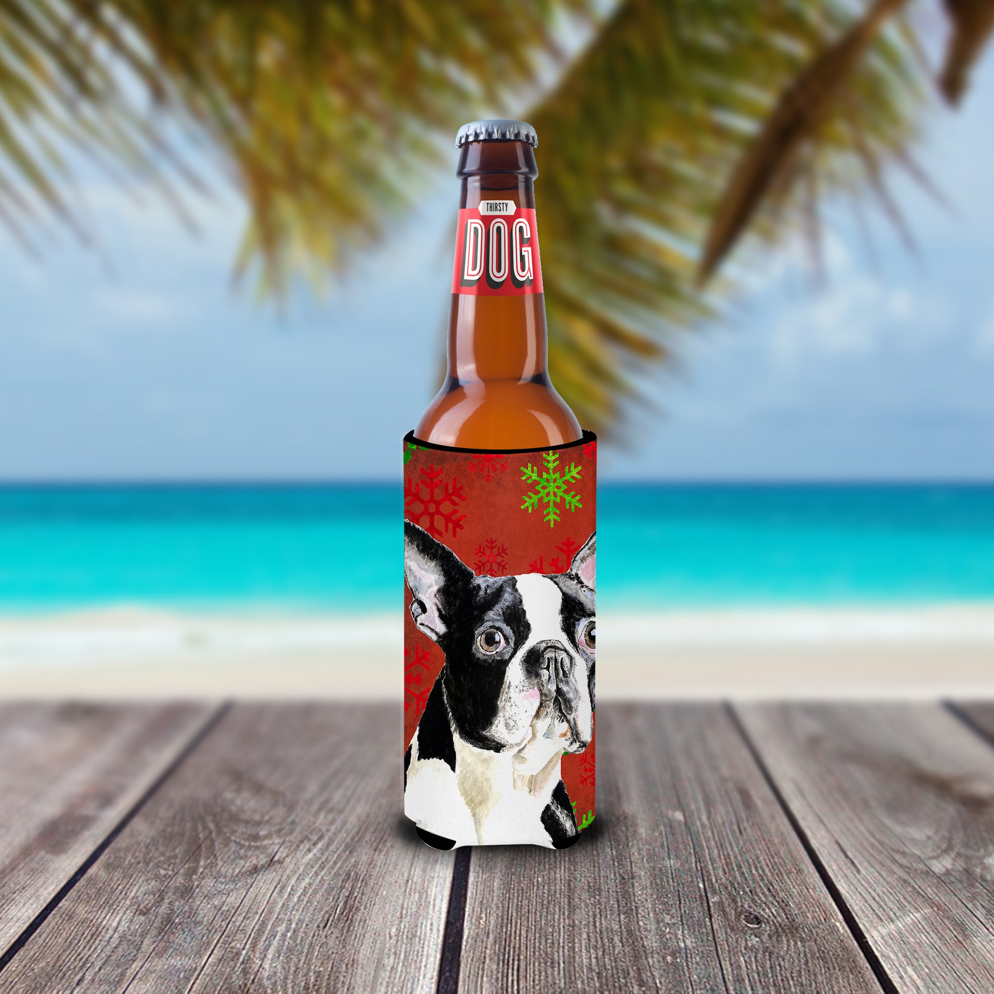 Boston Terrier Red Green Snowflakes Christmas Ultra Beverage Insulators for slim cans SC9400MUK.