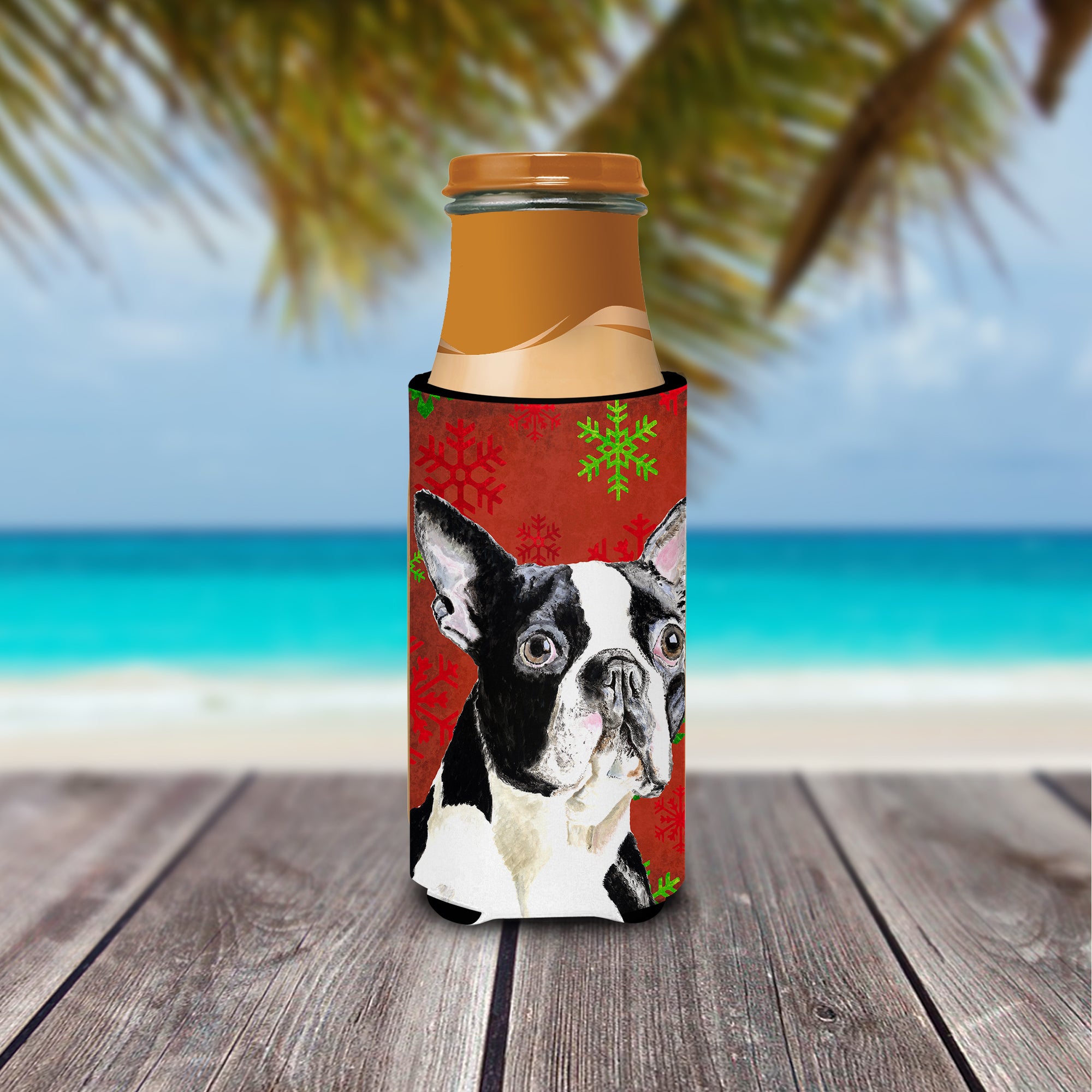 Boston Terrier Red Green Snowflakes Christmas Ultra Beverage Insulators for slim cans SC9400MUK