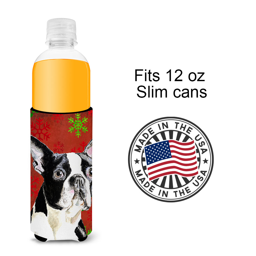 Boston Terrier Red Green Snowflakes Christmas Ultra Beverage Insulators for slim cans SC9400MUK