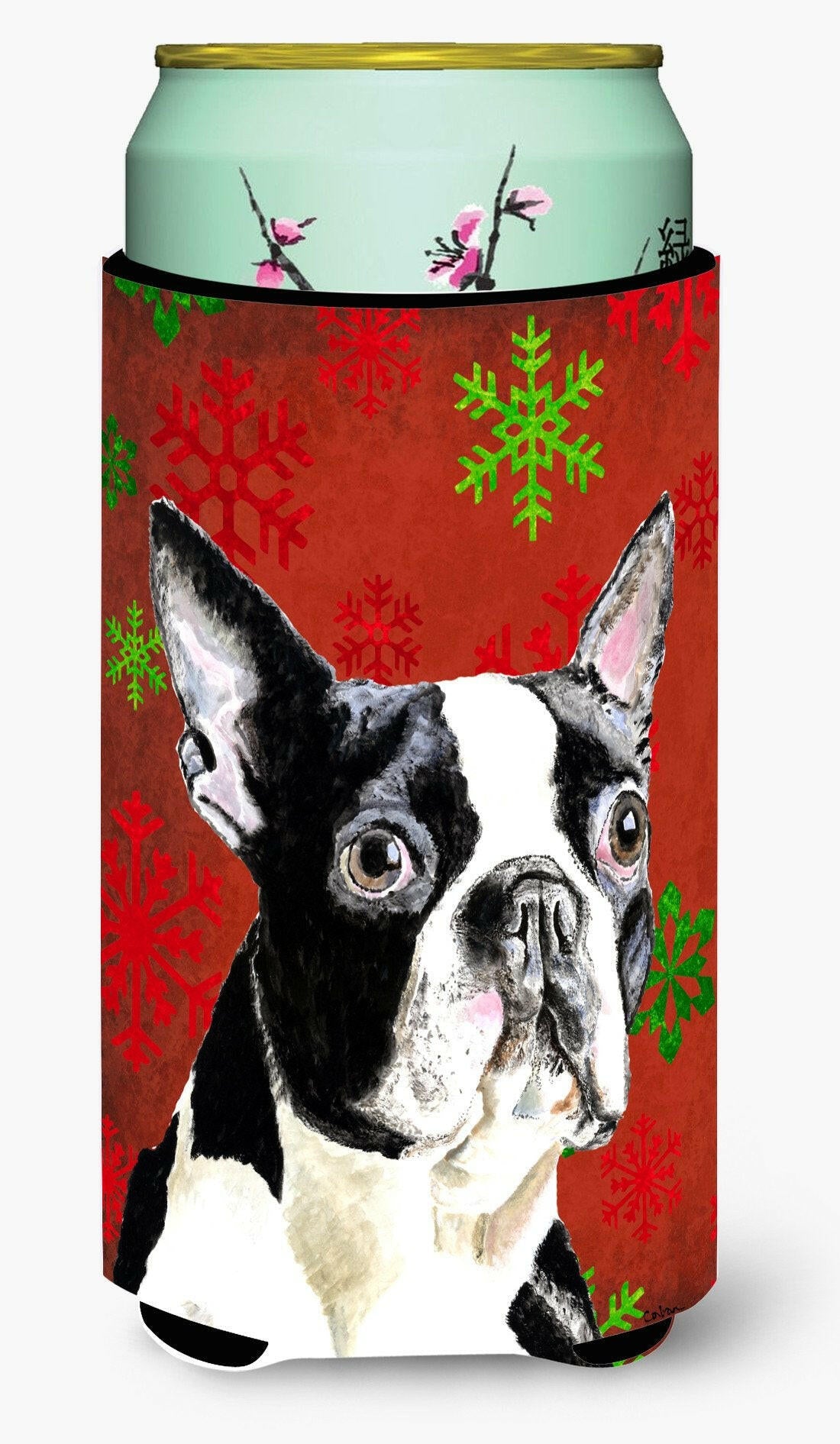 Boston Terrier Red Green Snowflakes Christmas  Tall Boy Beverage Insulator Beverage Insulator Hugger by Caroline&#39;s Treasures