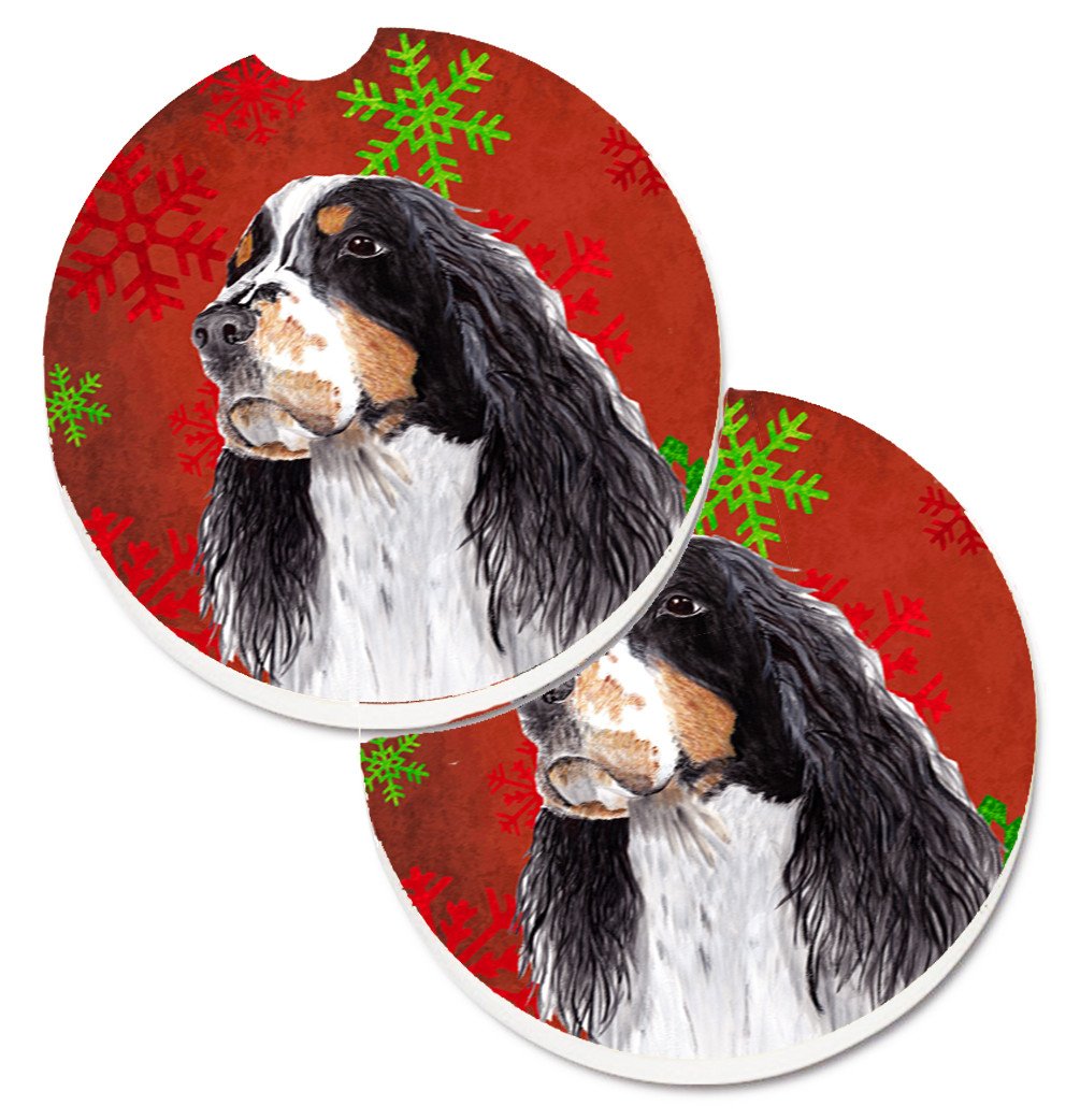 Springer Spaniel Red and Green Snowflakes Holiday Christmas Set of 2 Cup Holder Car Coasters SC9401CARC by Caroline&#39;s Treasures