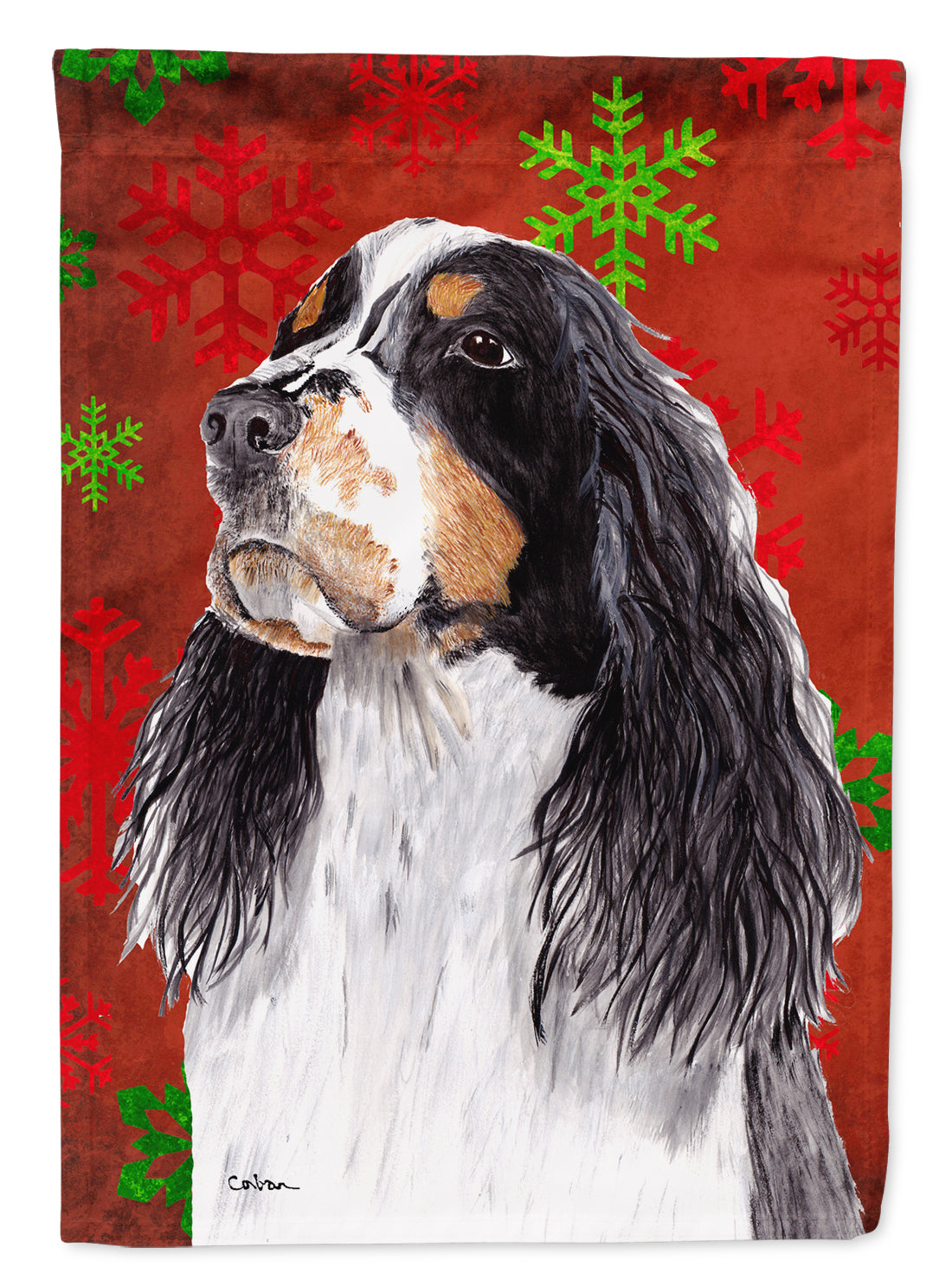 Springer Spaniel Red  Green Snowflakes Holiday Christmas Flag Canvas House Size  the-store.com.