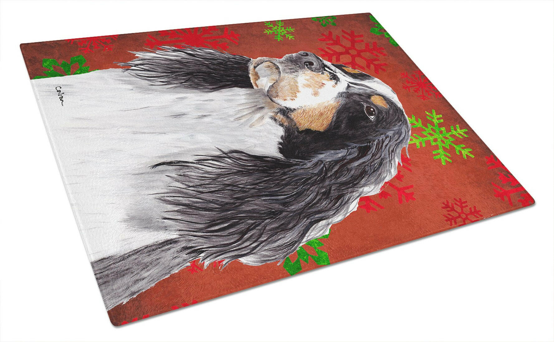 Springer Spaniel Red and Green Snowflakes Christmas Glass Cutting Board Large by Caroline's Treasures