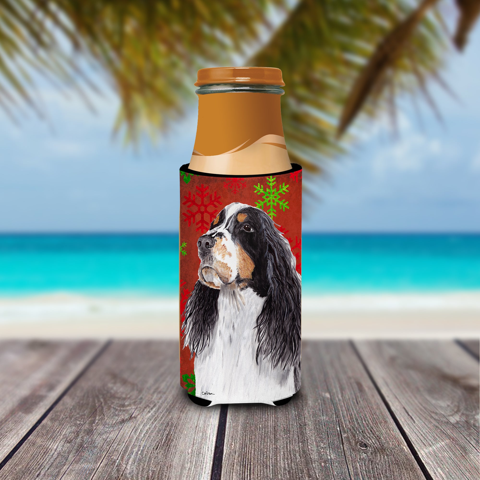 Springer Spaniel Red and Green Snowflakes Holiday Christmas Ultra Beverage Insulators for slim cans SC9401MUK.