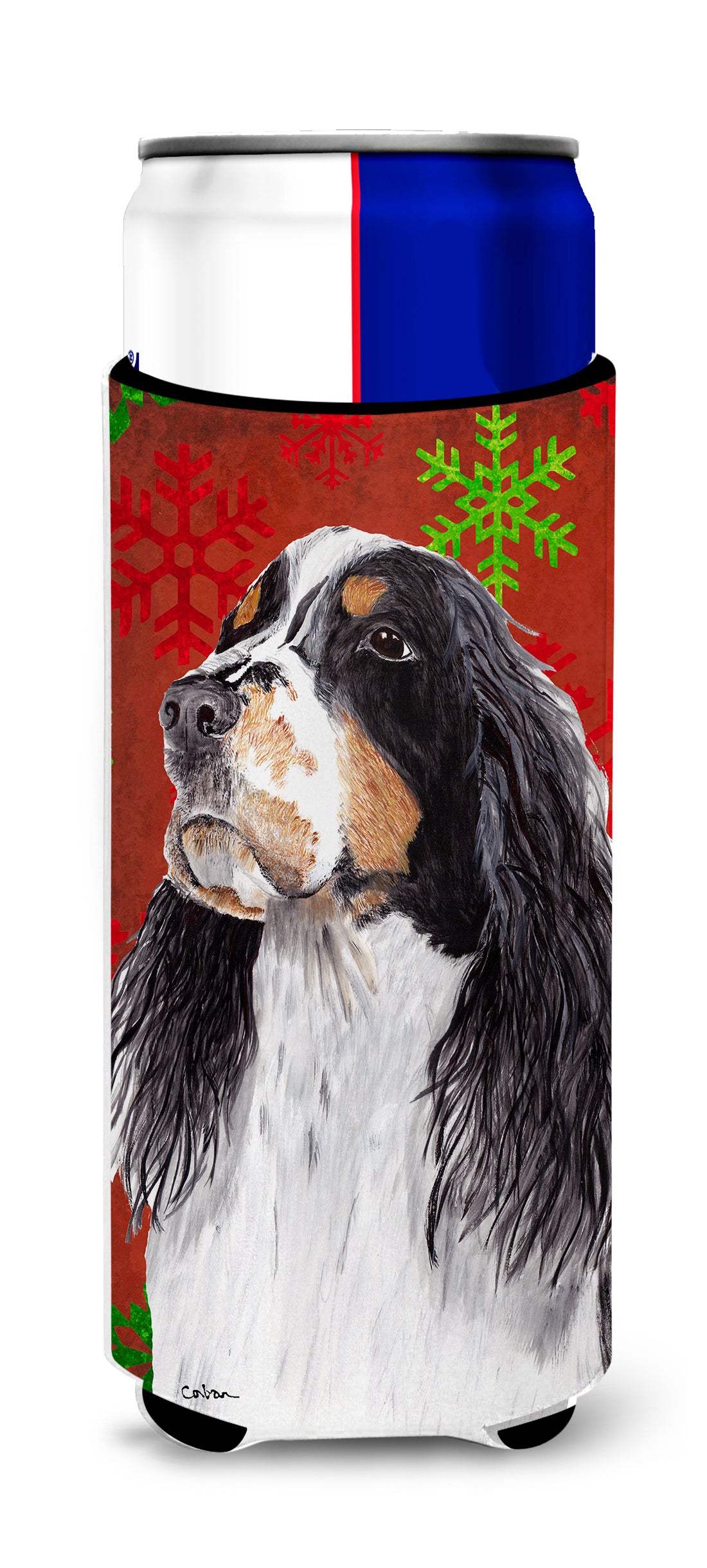 Springer Spaniel Red and Green Snowflakes Holiday Christmas Ultra Beverage Isolateurs pour canettes minces SC9401MUK