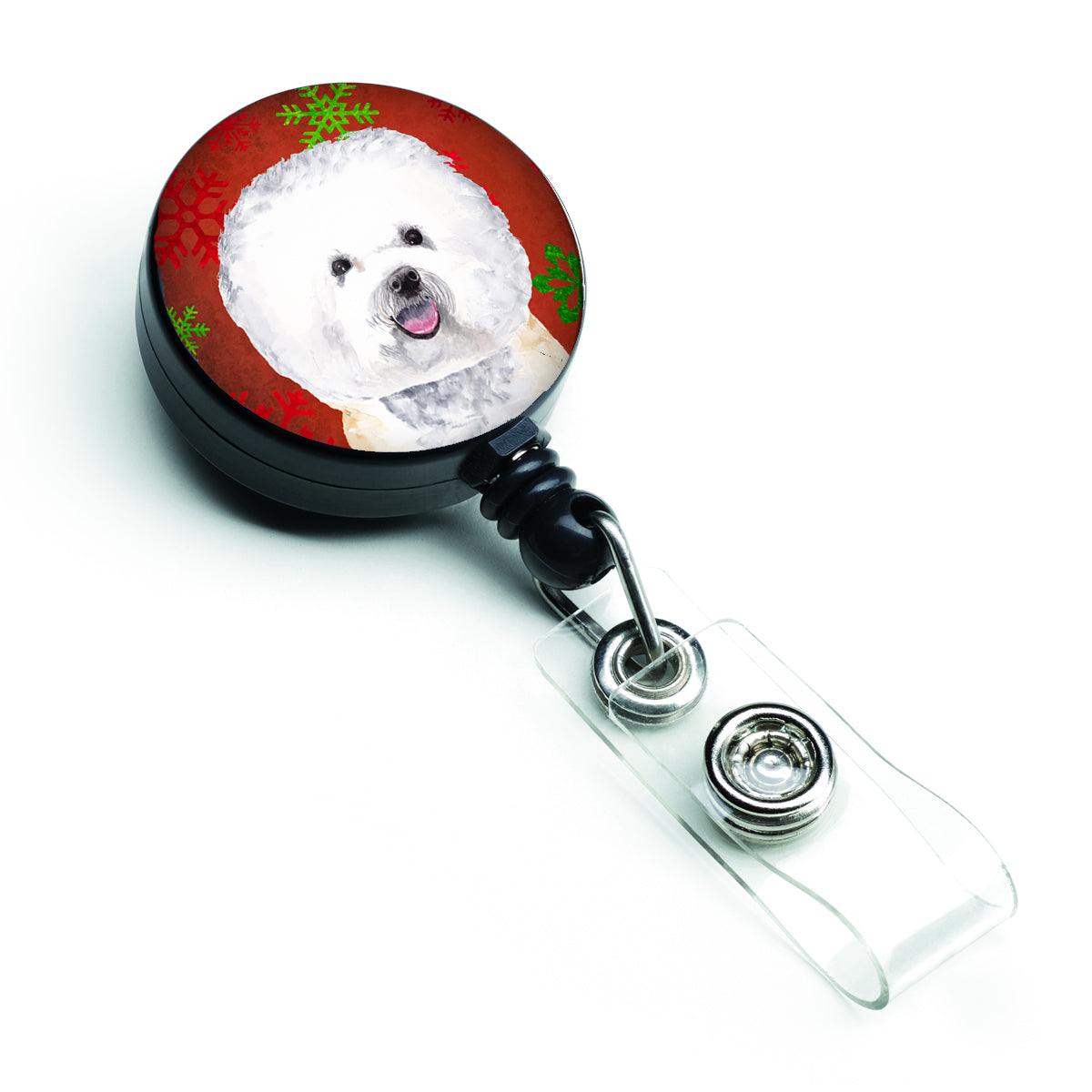 Bichon Frise Red and Green Snowflakes Holiday Christmas Retractable Badge Reel SC9402BR