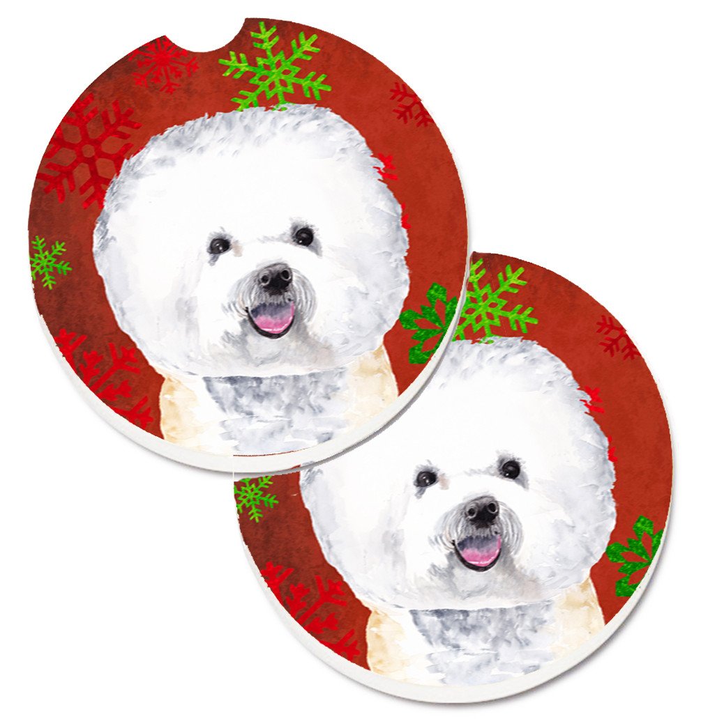 Bichon Frise Red and Green Snowflakes Holiday Christmas Set of 2 Cup Holder Car Coasters SC9402CARC by Caroline&#39;s Treasures