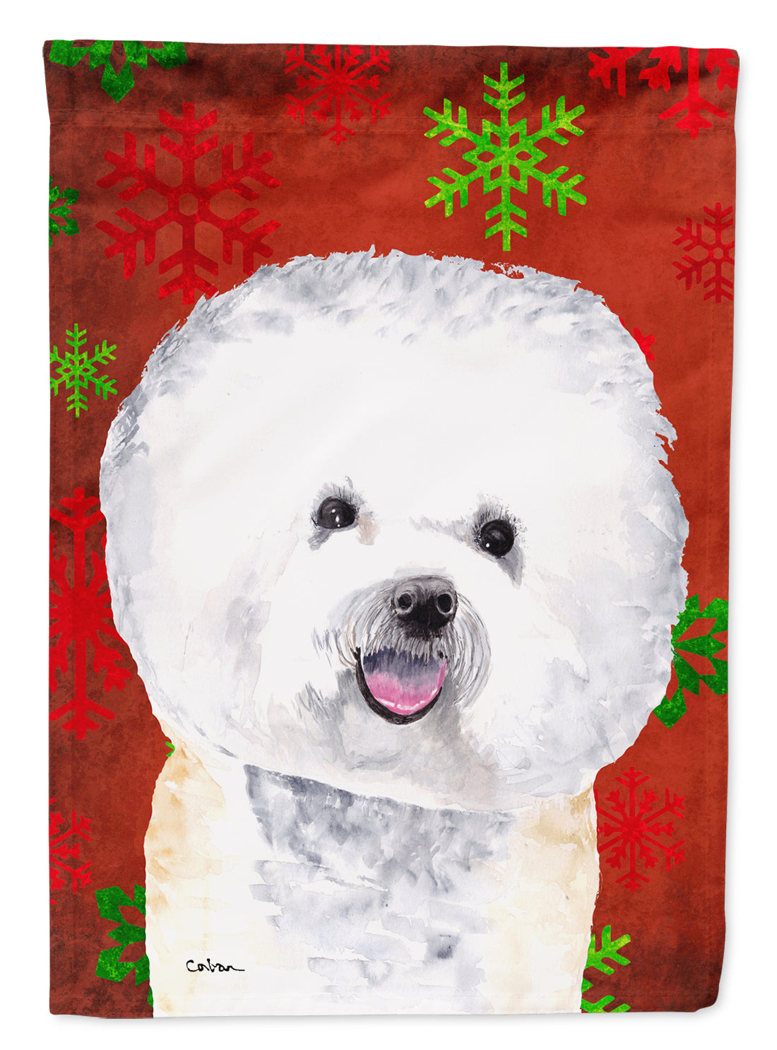 Bichon Frise Red and Green Snowflakes Holiday Christmas Flag Canvas House Size