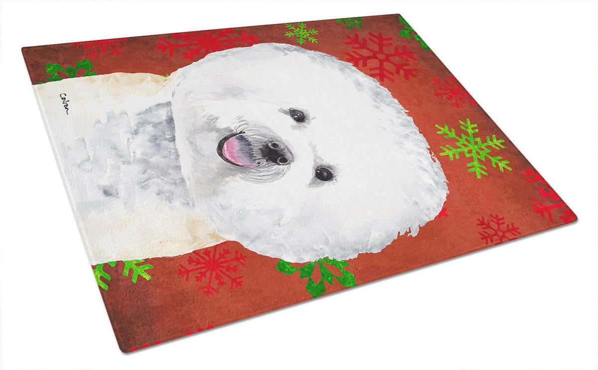 Bichon Frise Red and Green Snowflakes Christmas Glass Cutting Board Large by Caroline&#39;s Treasures