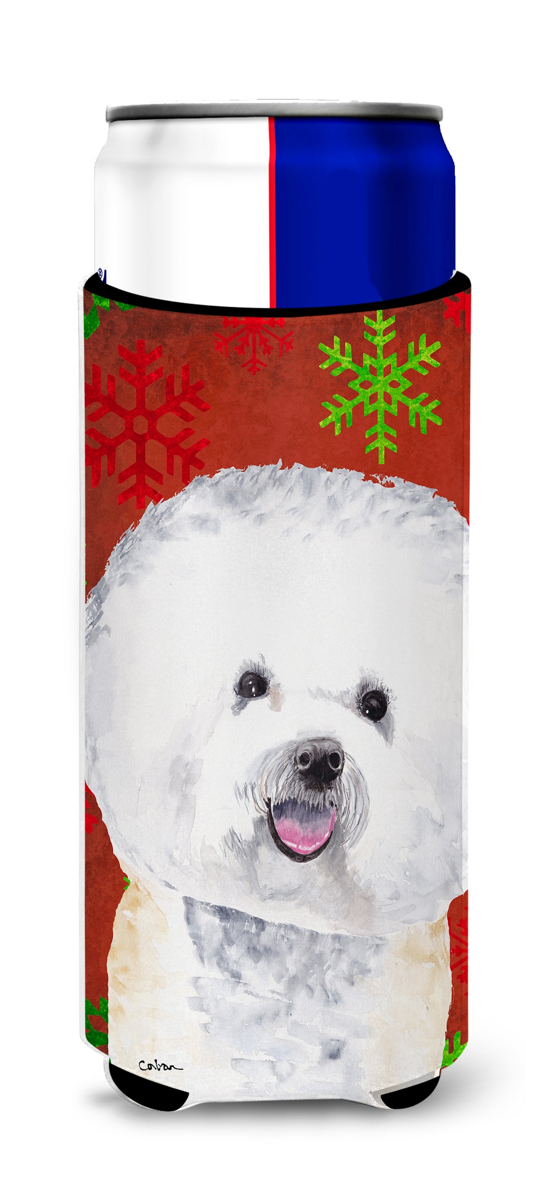 Bichon Frise Red and Green Snowflakes Holiday Christmas Ultra Beverage Insulators for slim cans SC9402MUK