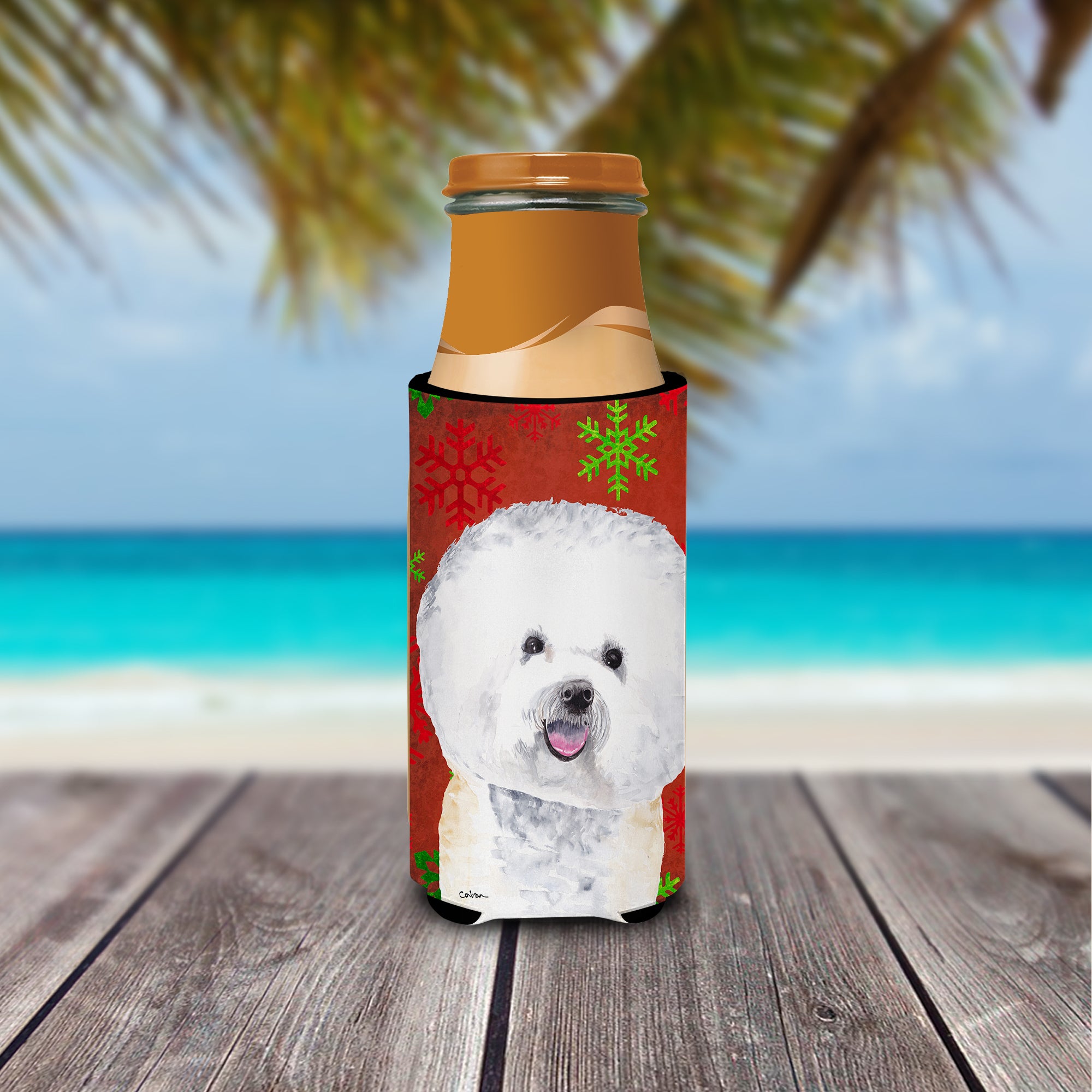 Bichon Frise Red and Green Snowflakes Holiday Christmas Ultra Beverage Insulators for slim cans SC9402MUK.