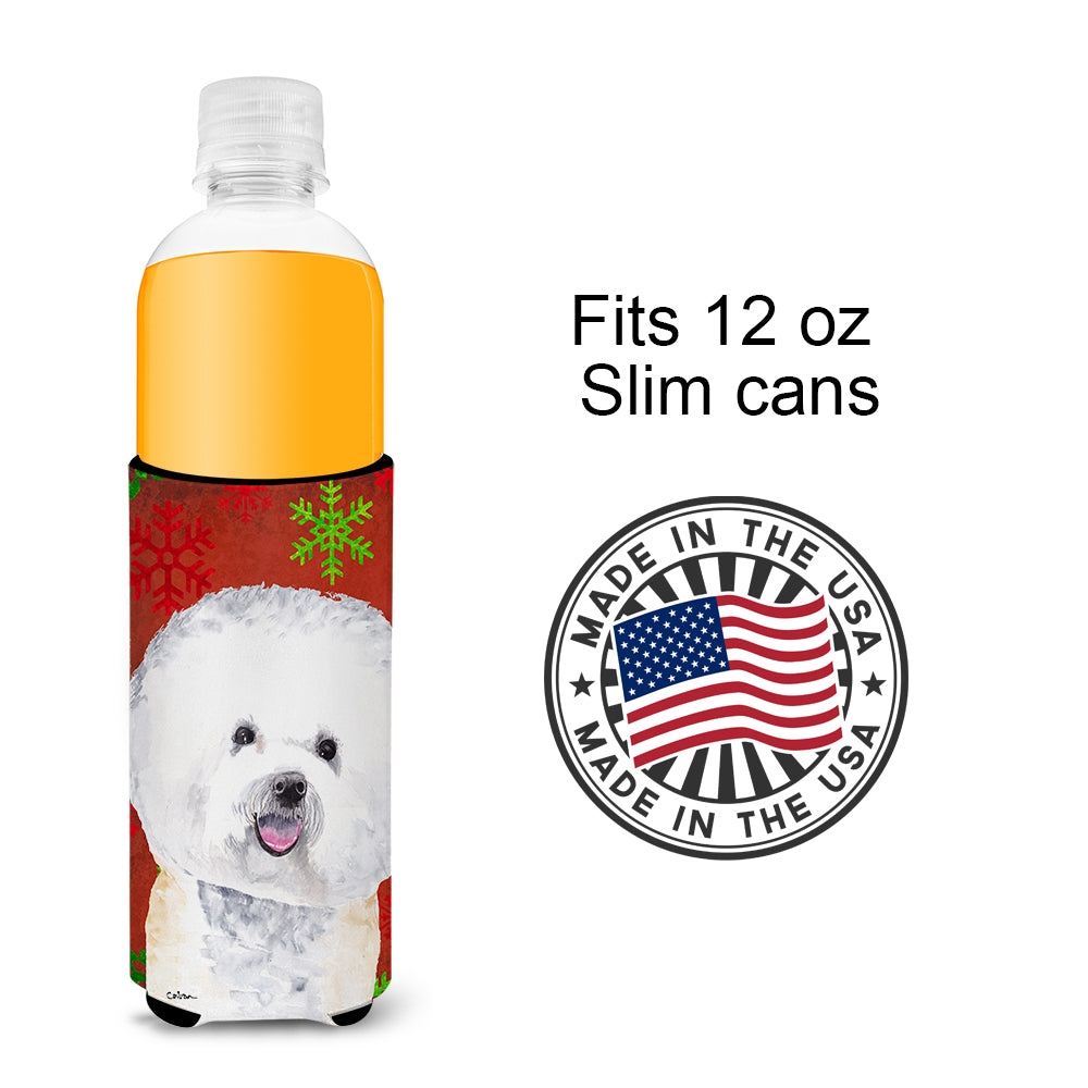 Bichon Frise Red and Green Snowflakes Holiday Christmas Ultra Beverage Insulators for slim cans SC9402MUK.