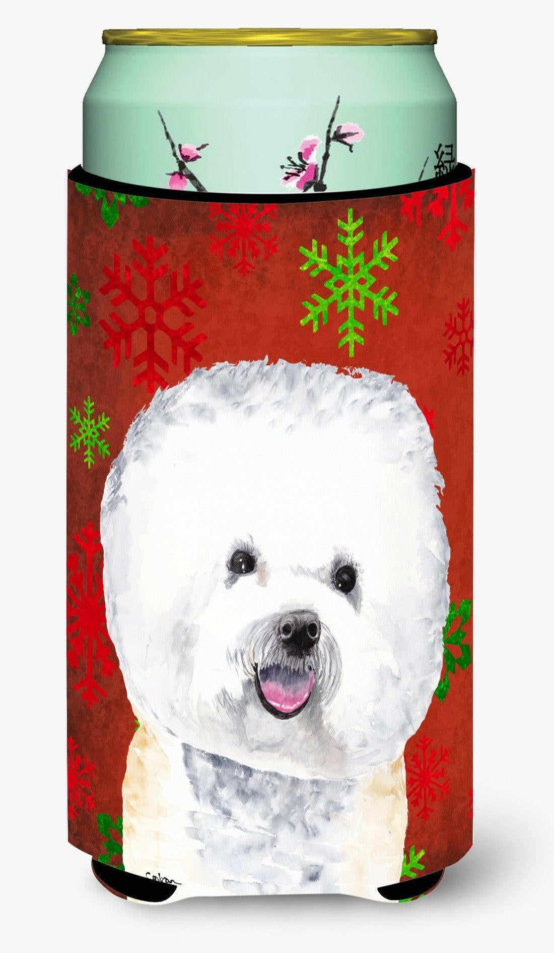 Bichon Frise Red and Green Snowflakes Holiday Christmas  Tall Boy Beverage Insulator Beverage Insulator Hugger by Caroline&#39;s Treasures