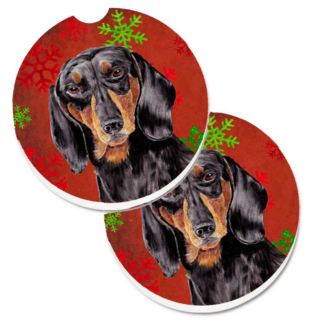Dachshund Red and Green Snowflakes Holiday Christmas Set of 2 Cup Holder Car Coasters SC9403CARC by Caroline&#39;s Treasures