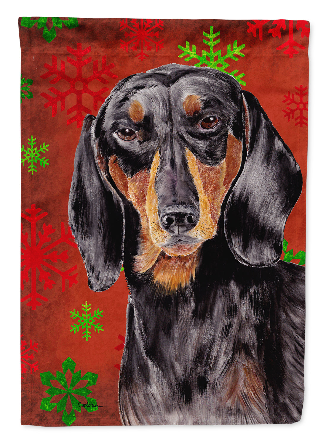 Dachshund Red and Green Snowflakes Holiday Christmas Flag Garden Size