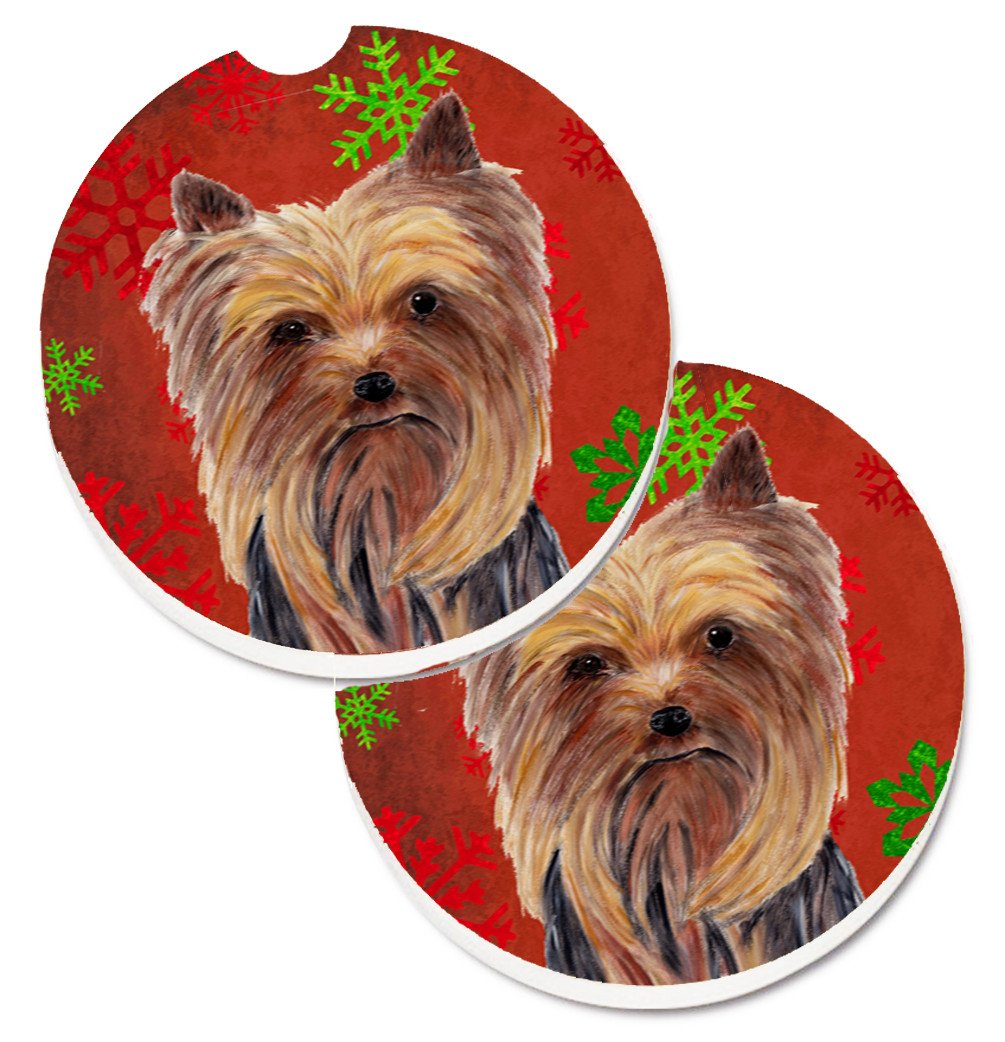 Yorkie Red and Green Snowflakes Holiday Christmas Set of 2 Cup Holder Car Coasters SC9405CARC by Caroline&#39;s Treasures