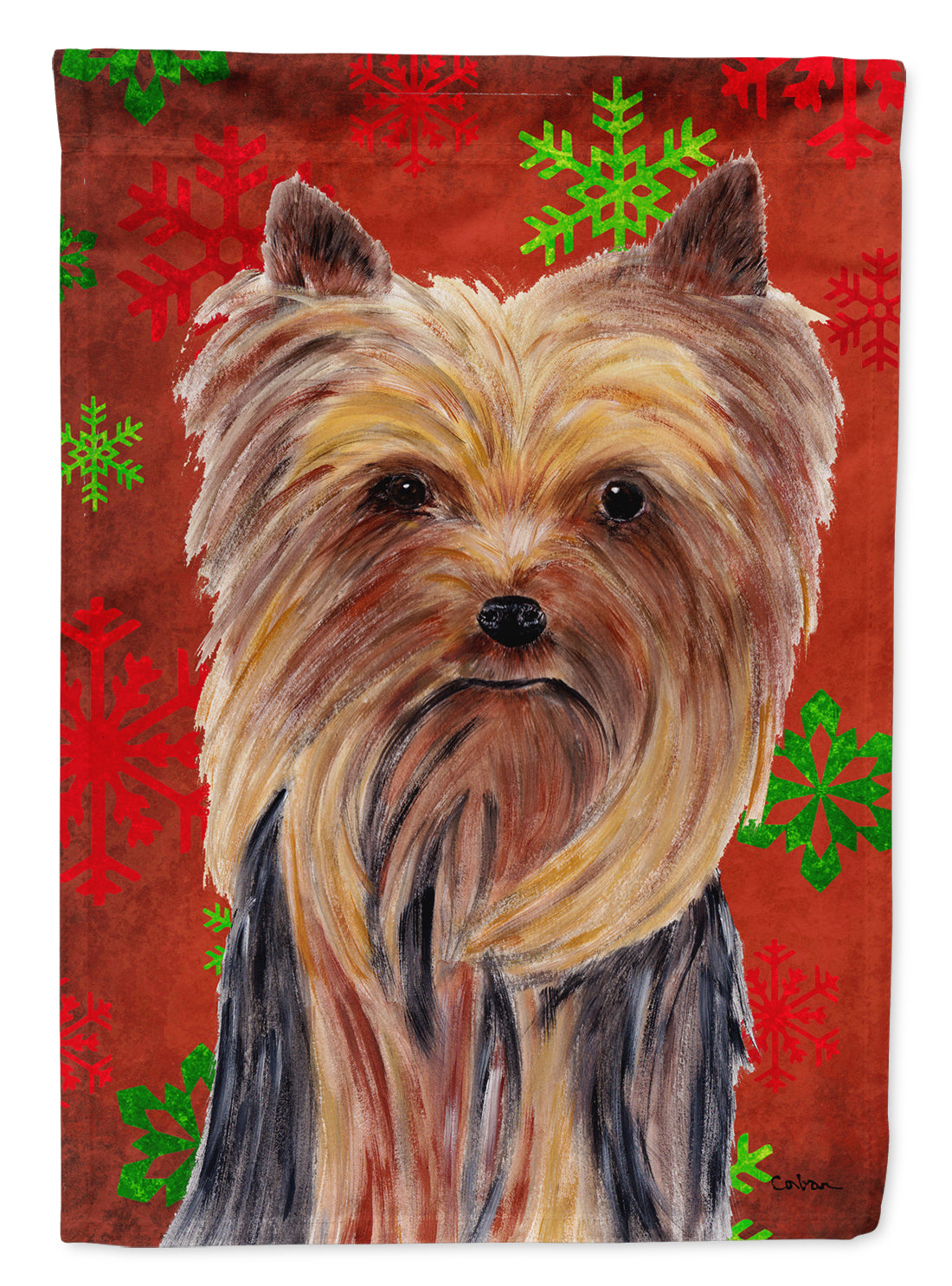 Yorkie Red and Green Snowflakes Holiday Christmas Flag Canvas House Size