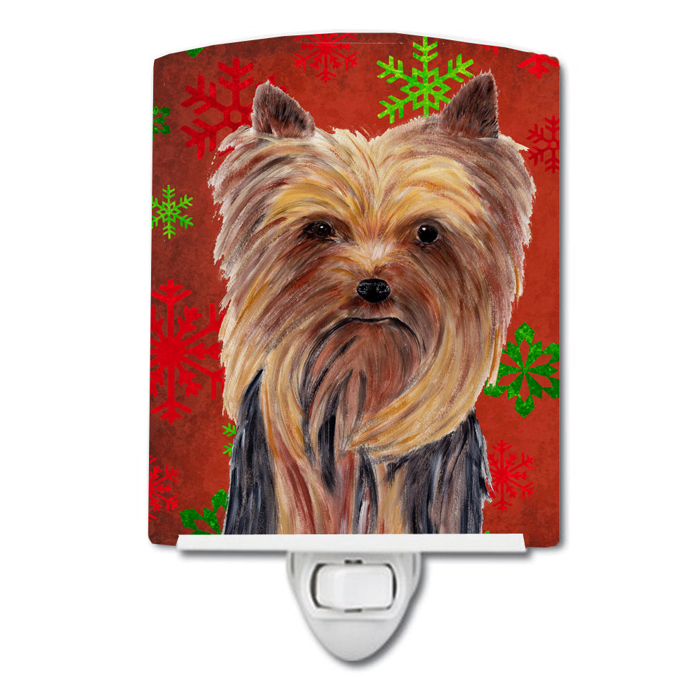 Yorkie Red and Green Snowflakes Holiday Christmas Ceramic Night Light SC9405CNL - the-store.com