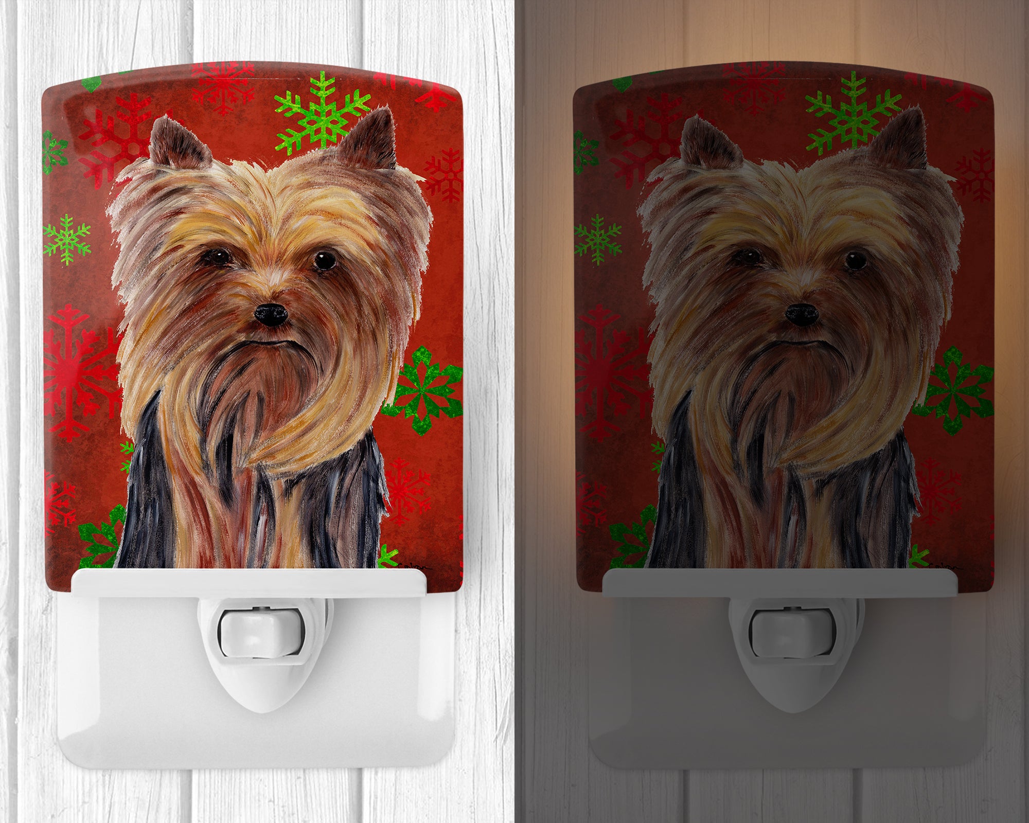 Yorkie Red and Green Snowflakes Holiday Christmas Ceramic Night Light SC9405CNL - the-store.com