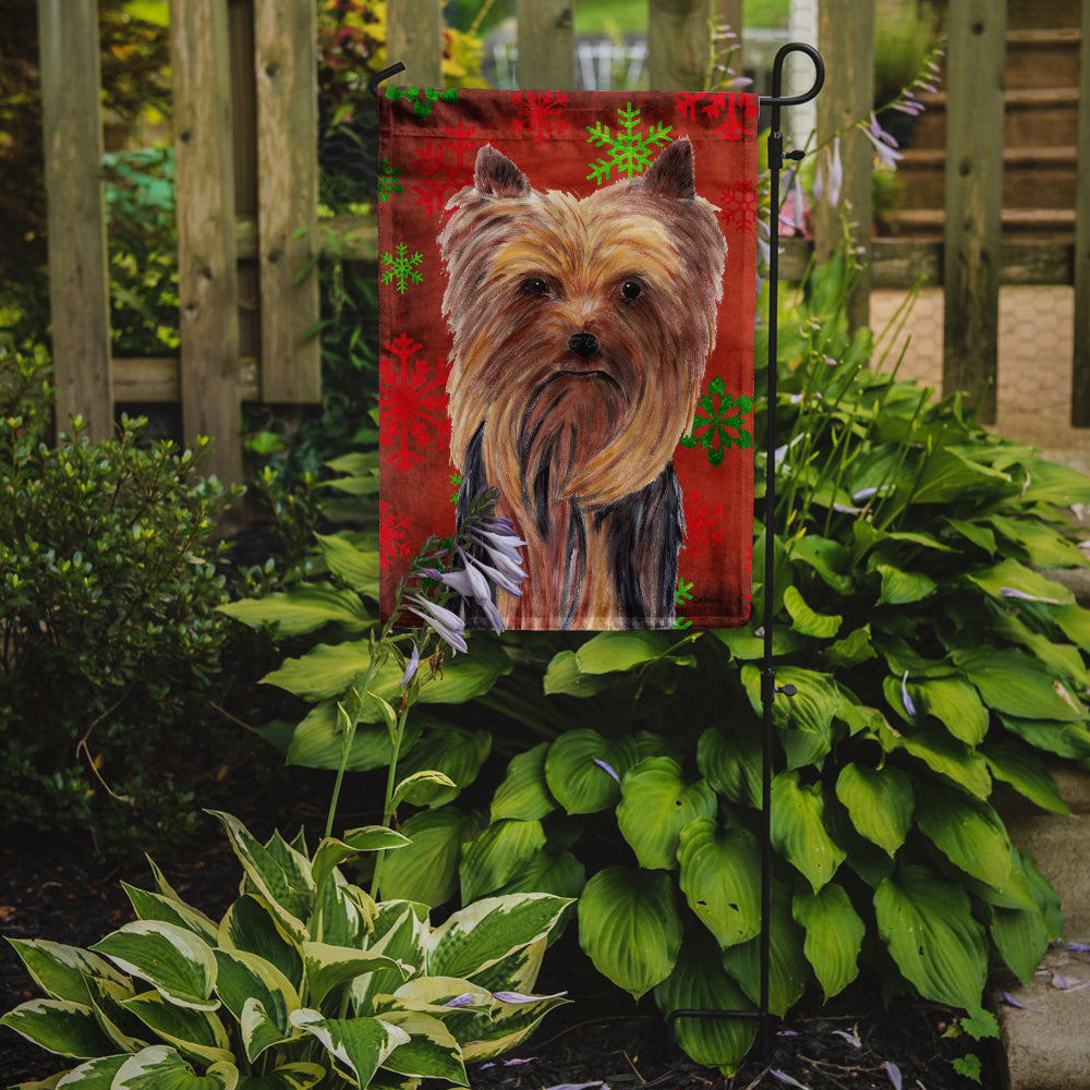 Yorkie Red and Green Snowflakes Holiday Christmas Flag Garden Size.