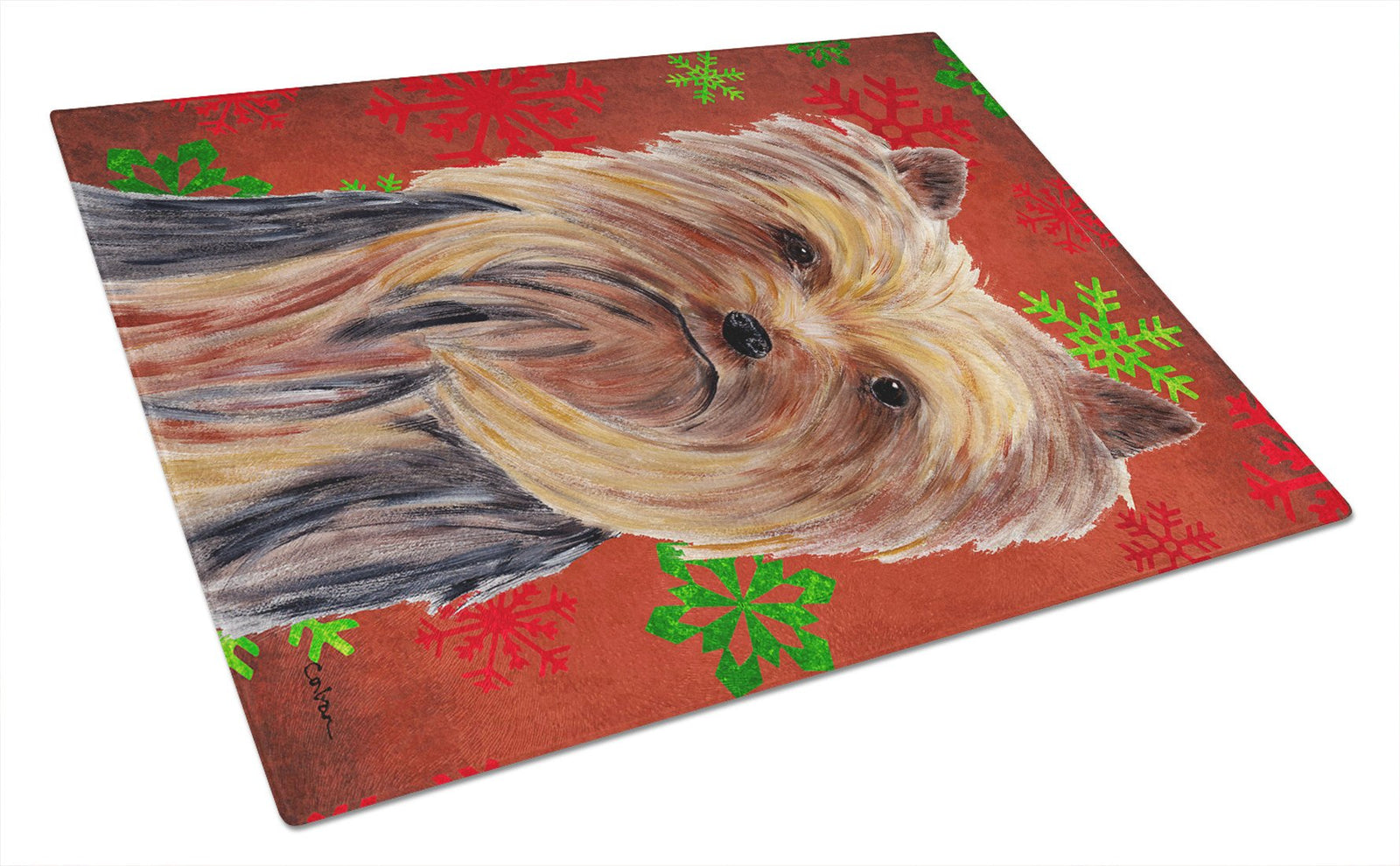 Yorkie Red and Green Snowflakes Holiday Christmas Glass Cutting Board Large by Caroline's Treasures