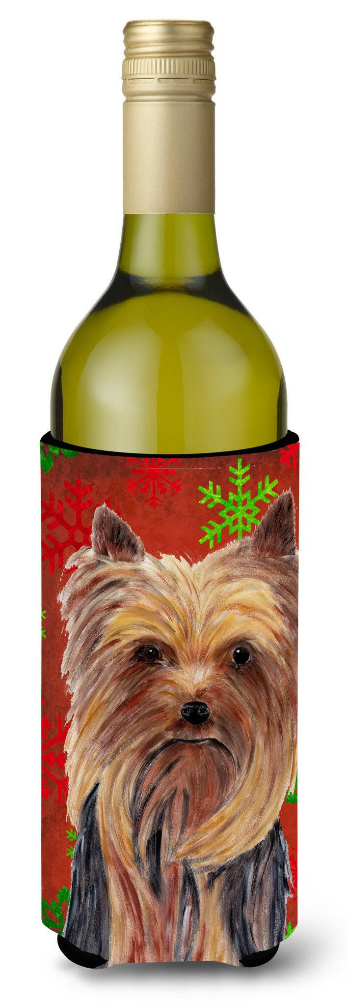 Yorkie Red and Green Snowflakes Holiday Christmas Wine Bottle Beverage Insulator Beverage Insulator Hugger by Caroline&#39;s Treasures