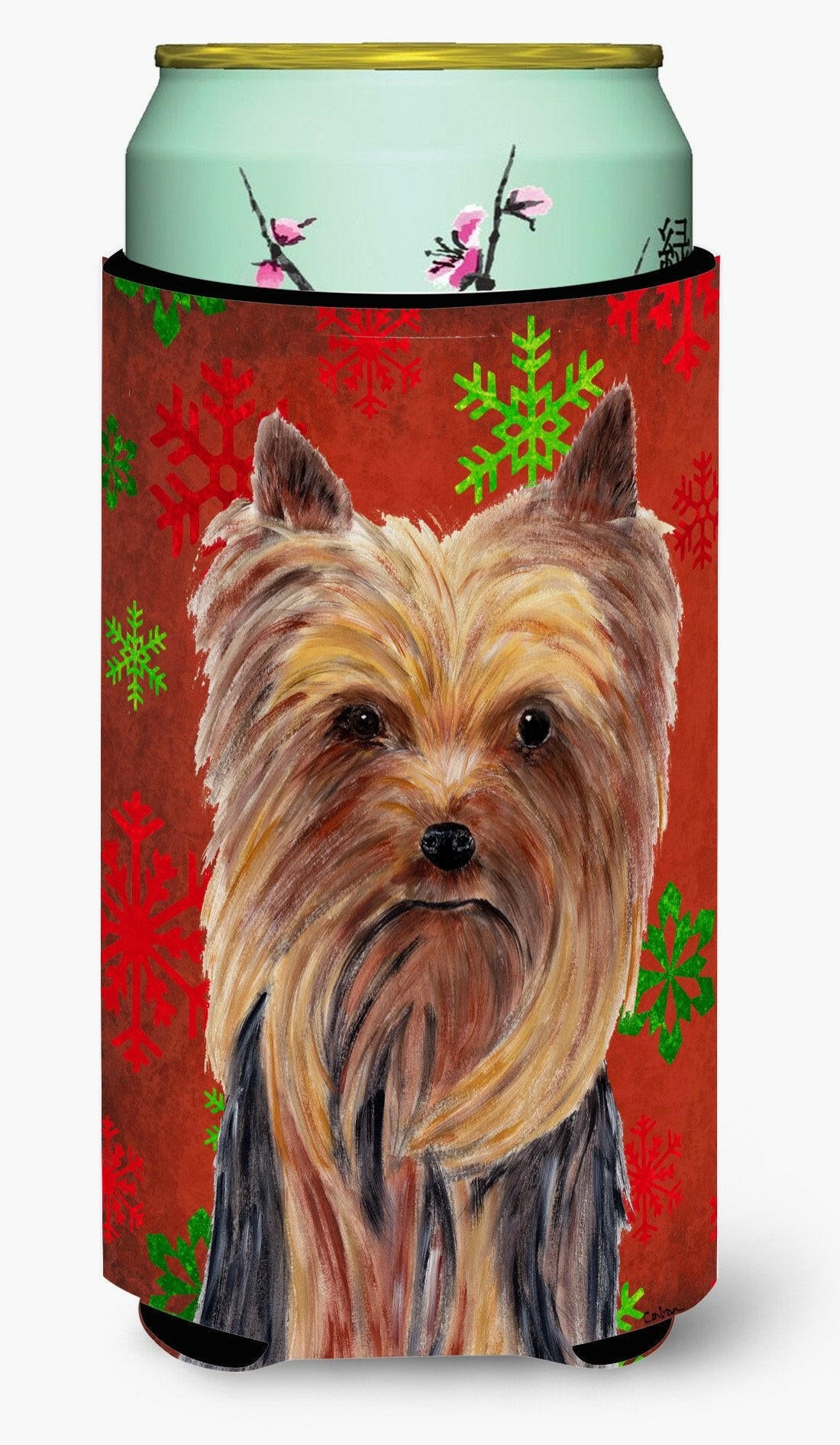 Yorkie Red and Green Snowflakes Holiday Christmas  Tall Boy Beverage Insulator Beverage Insulator Hugger by Caroline's Treasures