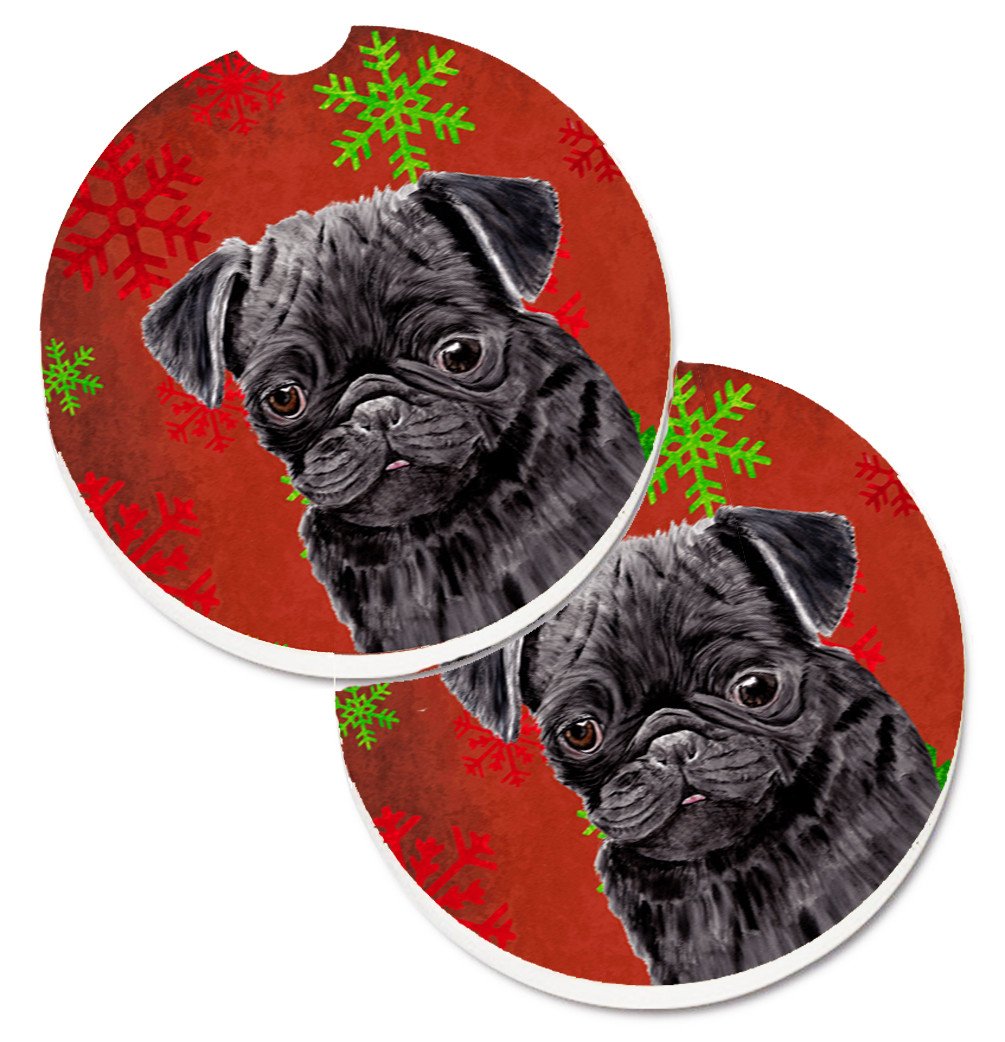 Pug Red and Green Snowflakes Holiday Christmas Set of 2 Cup Holder Car Coasters SC9406CARC by Caroline&#39;s Treasures