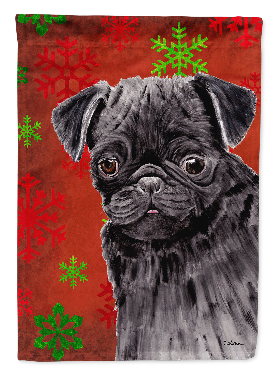 Pug Red and Green Snowflakes Holiday Christmas Flag Canvas House Size  the-store.com.