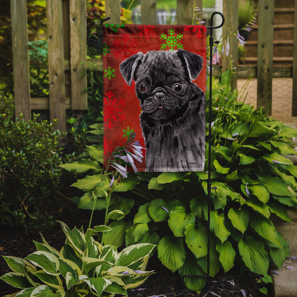 Pug Red and Green Snowflakes Holiday Christmas Flag Garden Size.