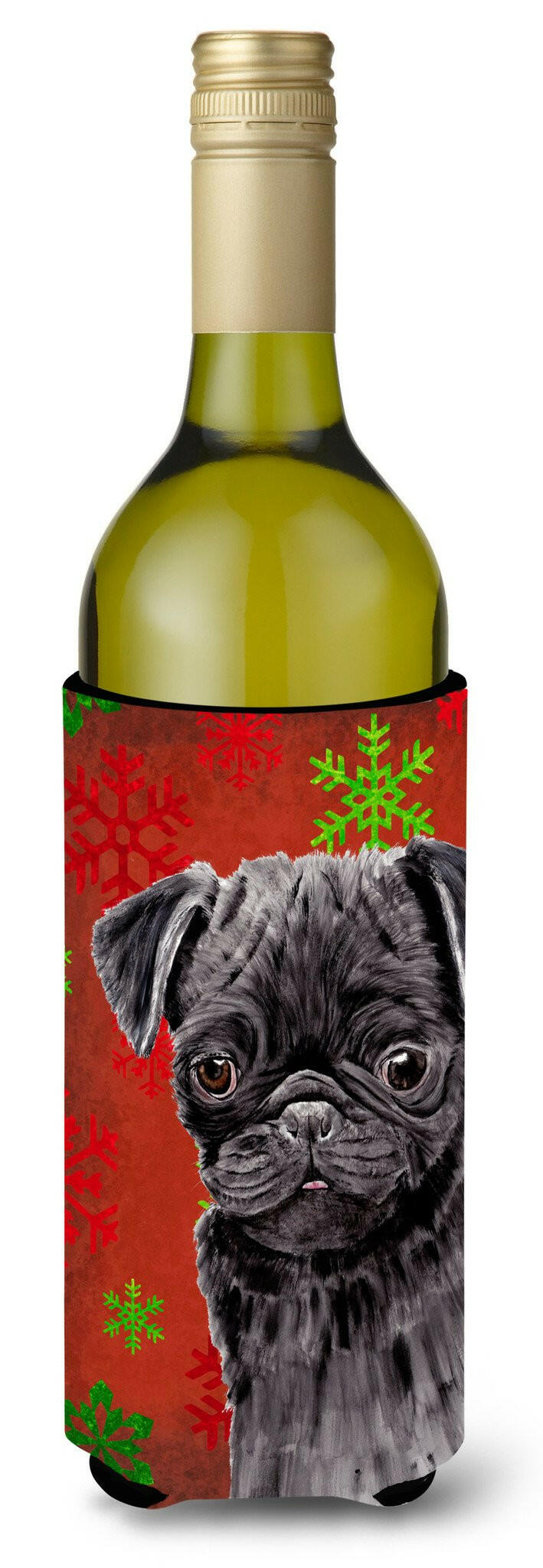 Pug Red and Green Snowflakes Holiday Christmas Wine Bottle Beverage Insulator Beverage Insulator Hugger by Caroline&#39;s Treasures