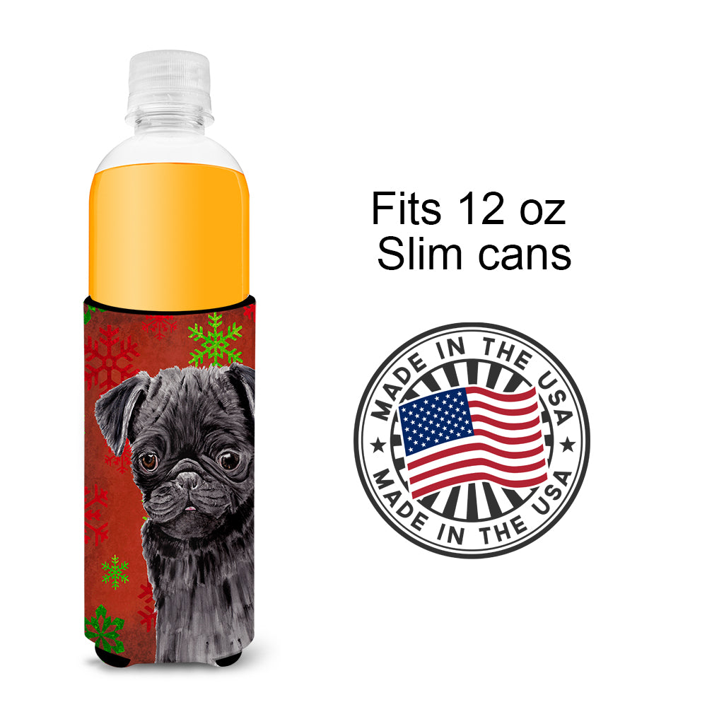 Pug Red and Green Snowflakes Holiday Christmas Ultra Beverage Insulators for slim cans SC9406MUK.