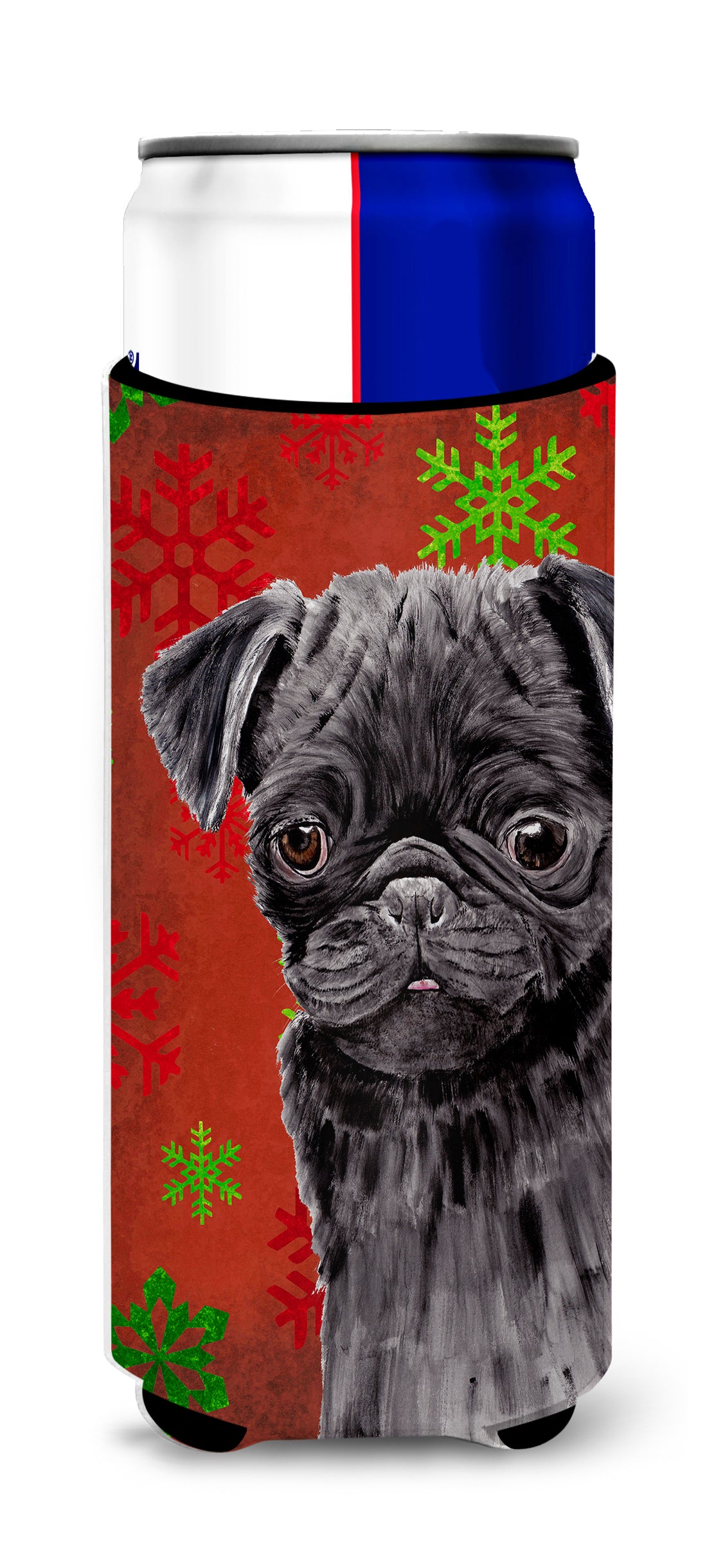 Pug Red and Green Snowflakes Holiday Christmas Ultra Beverage Insulators for slim cans SC9406MUK.