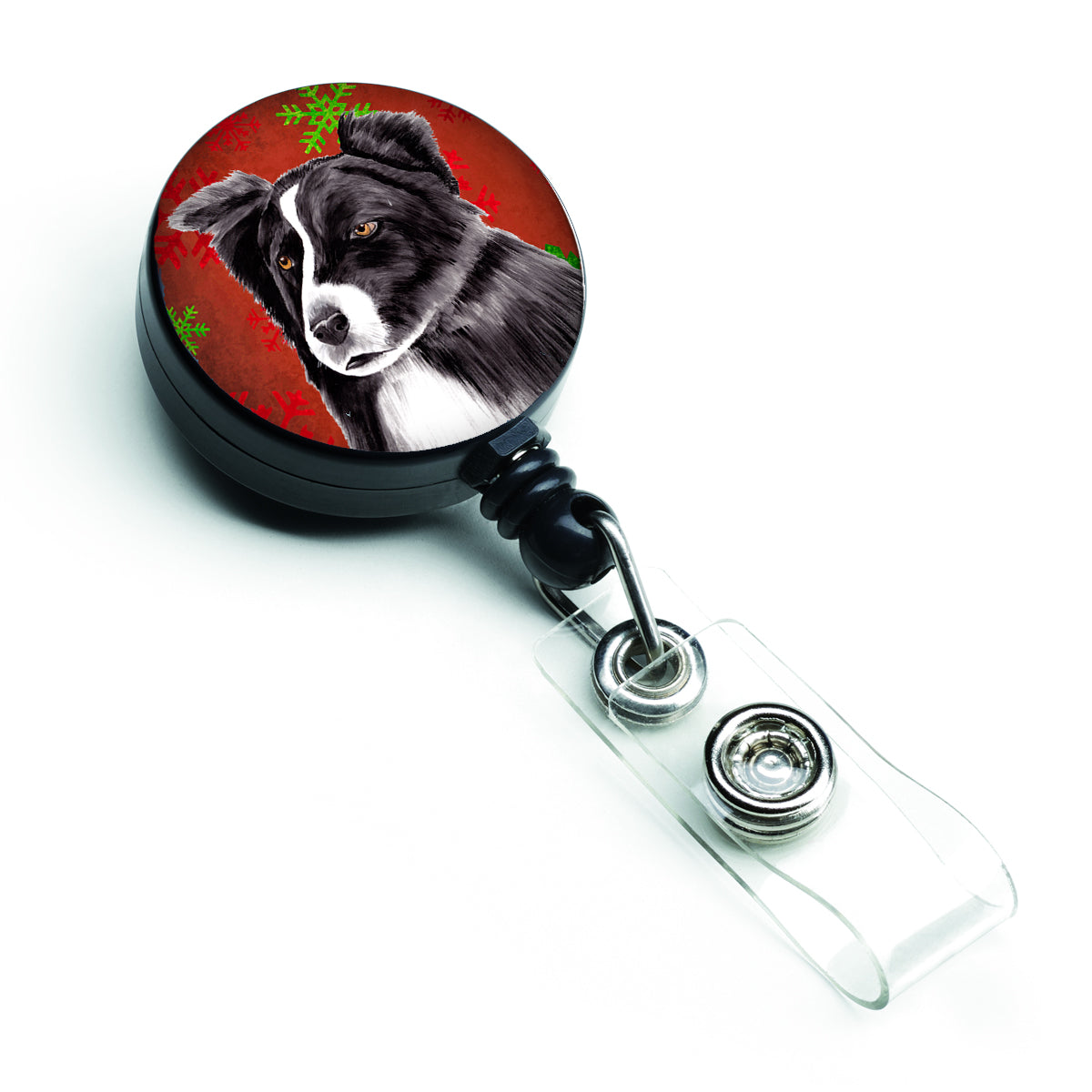Border Collie Red and Green Snowflakes Holiday Christmas Retractable Badge Reel SC9407BR  the-store.com.