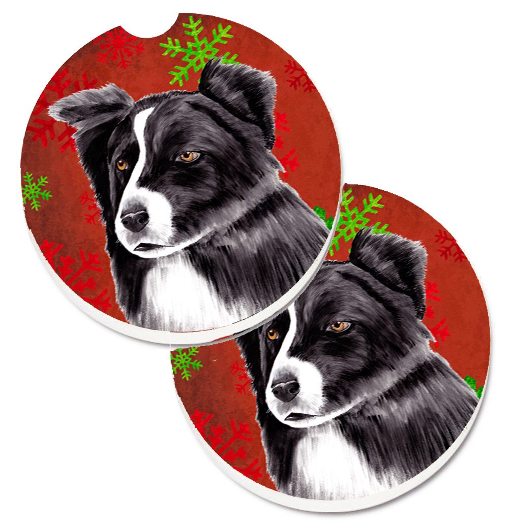Border Collie Red and Green Snowflakes Holiday Christmas Set of 2 Cup Holder Car Coasters SC9407CARC by Caroline&#39;s Treasures