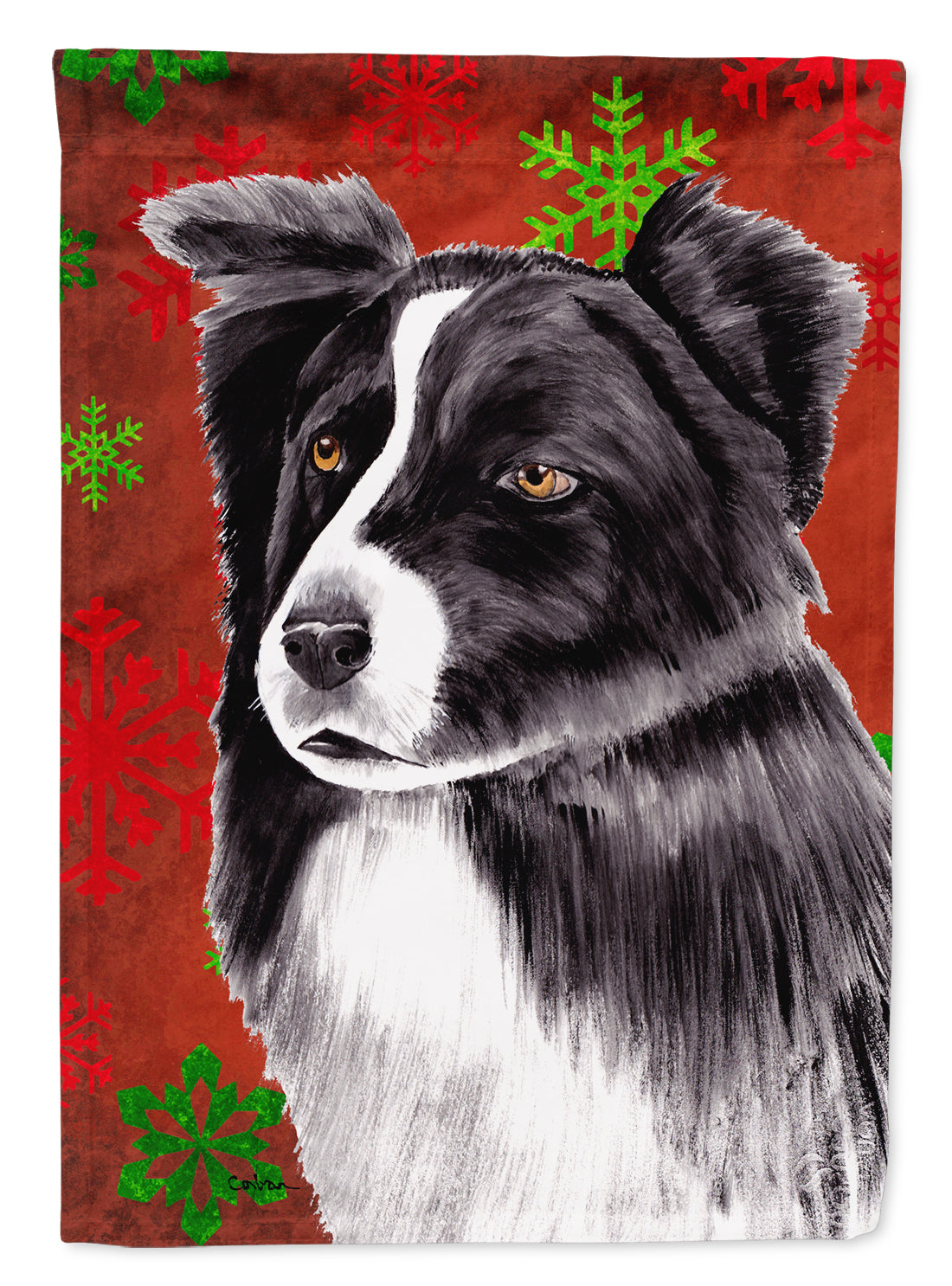 Border Collie Red and Green Snowflakes Holiday Christmas Flag Garden Size