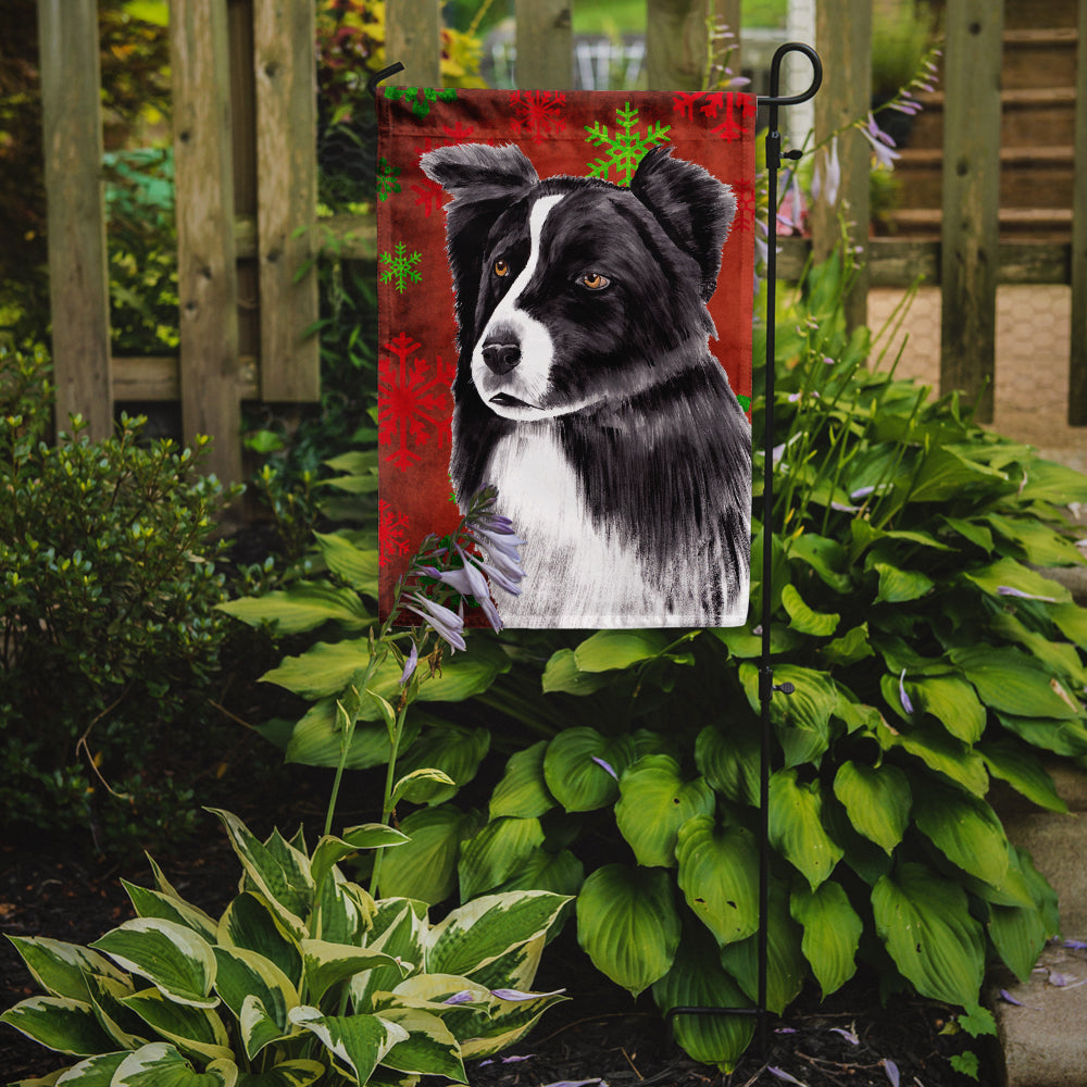 Border Collie Red and Green Snowflakes Holiday Christmas Flag Garden Size.