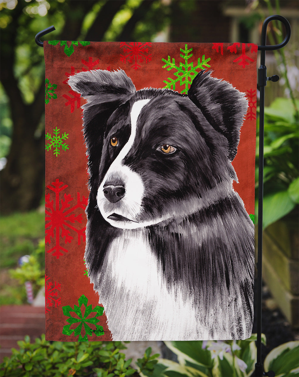 Border Collie Red and Green Snowflakes Holiday Christmas Flag Garden Size.