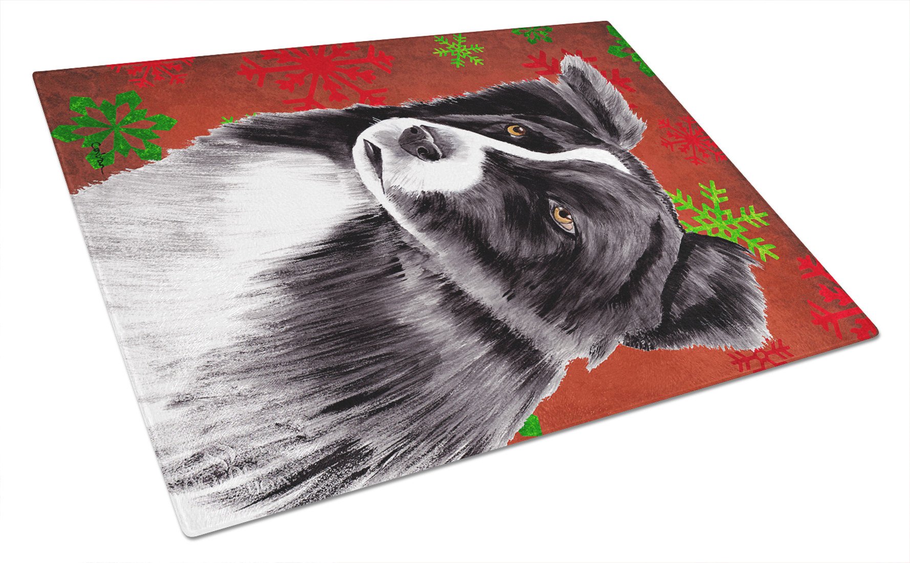 Border Collie Red and Green Snowflakes Christmas Glass Cutting Board Large by Caroline's Treasures