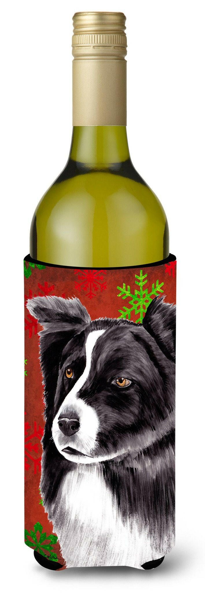 Border Collie  Snowflakes Holiday Christmas Wine Bottle Beverage Insulator Beverage Insulator Hugger by Caroline&#39;s Treasures