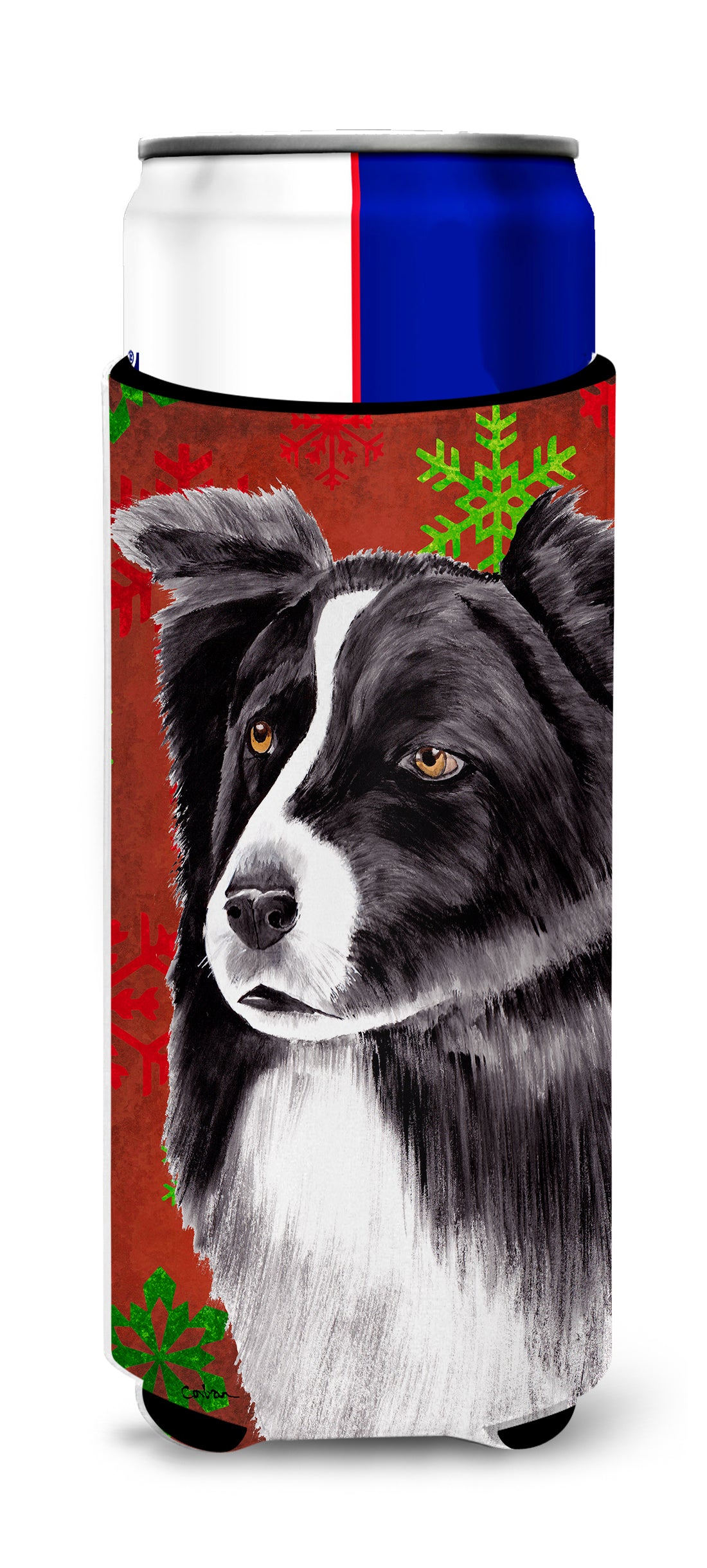 Border Collie Red and Green Snowflakes Holiday Christmas Ultra Beverage Insulators for slim cans SC9407MUK