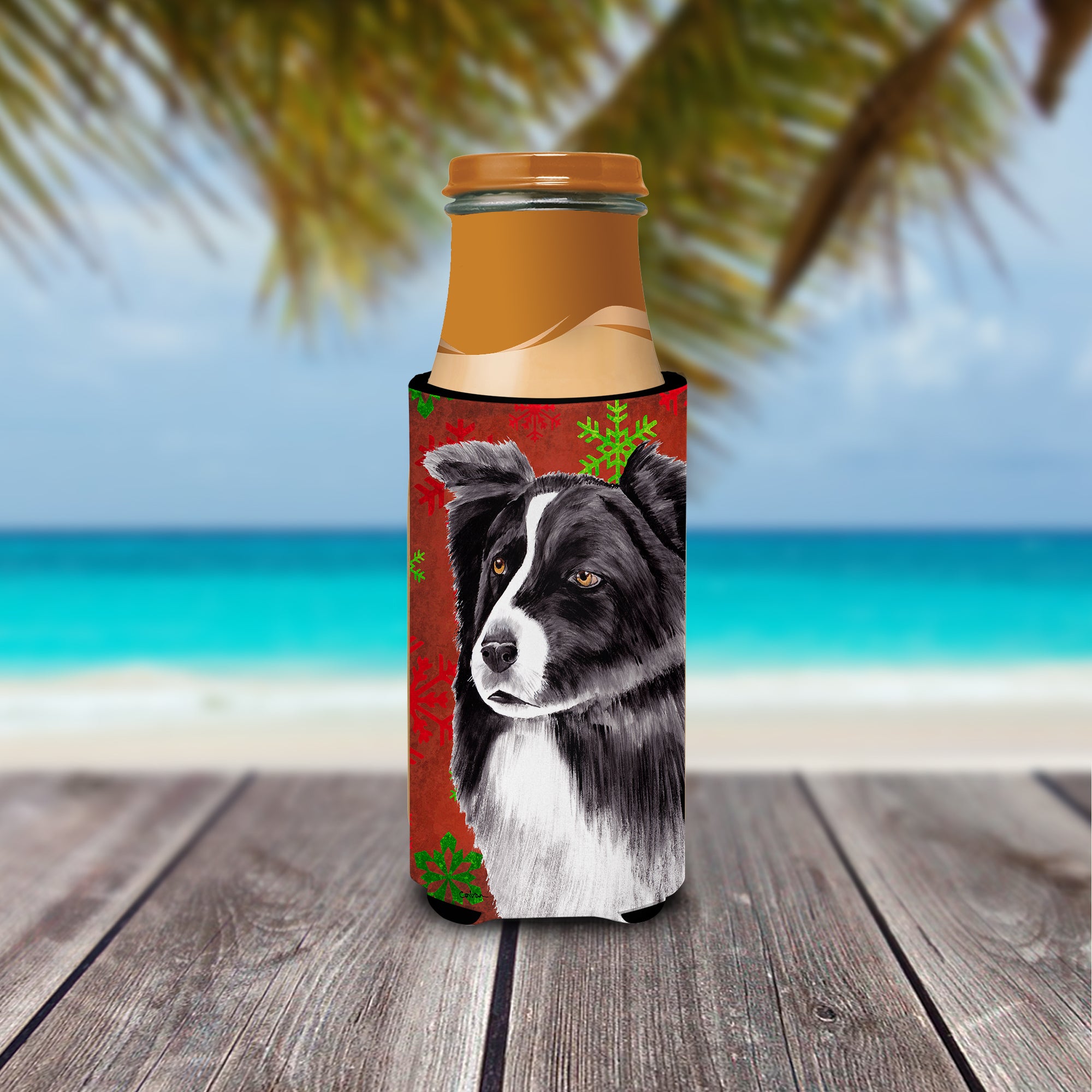 Border Collie Red and Green Snowflakes Holiday Christmas Ultra Beverage Insulators for slim cans SC9407MUK.