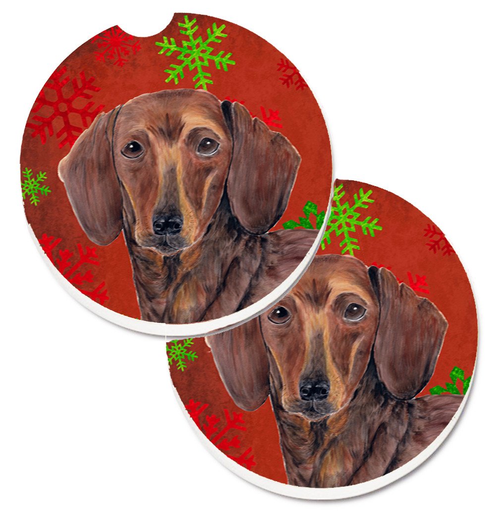 Dachshund Red and Green Snowflakes Holiday Christmas Set of 2 Cup Holder Car Coasters SC9408CARC by Caroline&#39;s Treasures