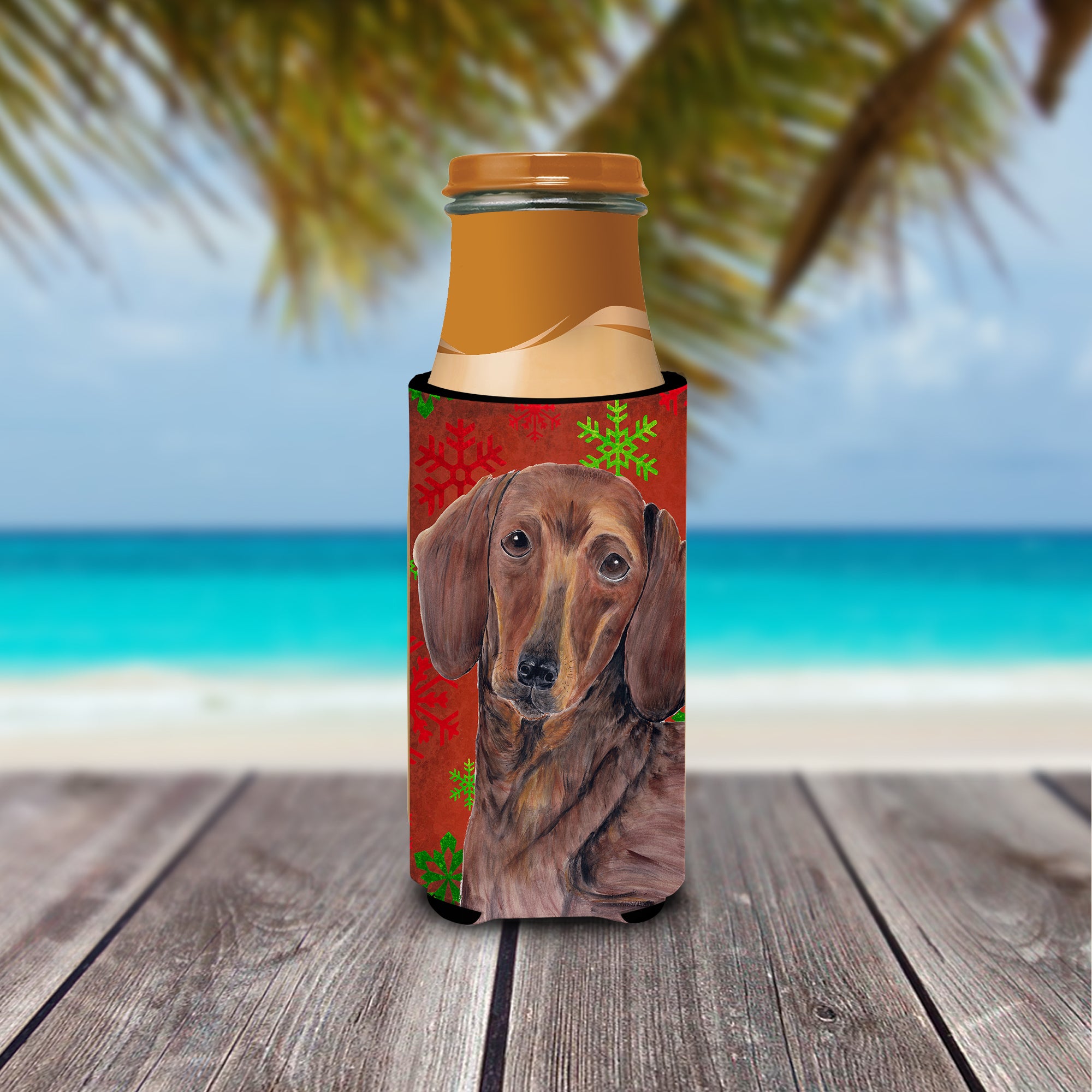Dachshund Red and Green Snowflakes Holiday Christmas Ultra Beverage Insulators for slim cans SC9408MUK.