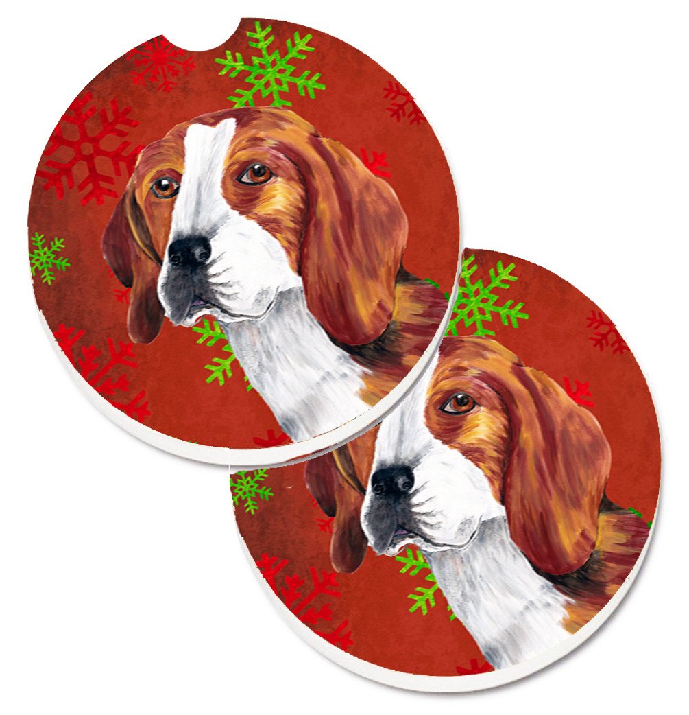 Beagle Red and Green Snowflakes Holiday Christmas Set of 2 Cup Holder Car Coasters SC9409CARC by Caroline&#39;s Treasures