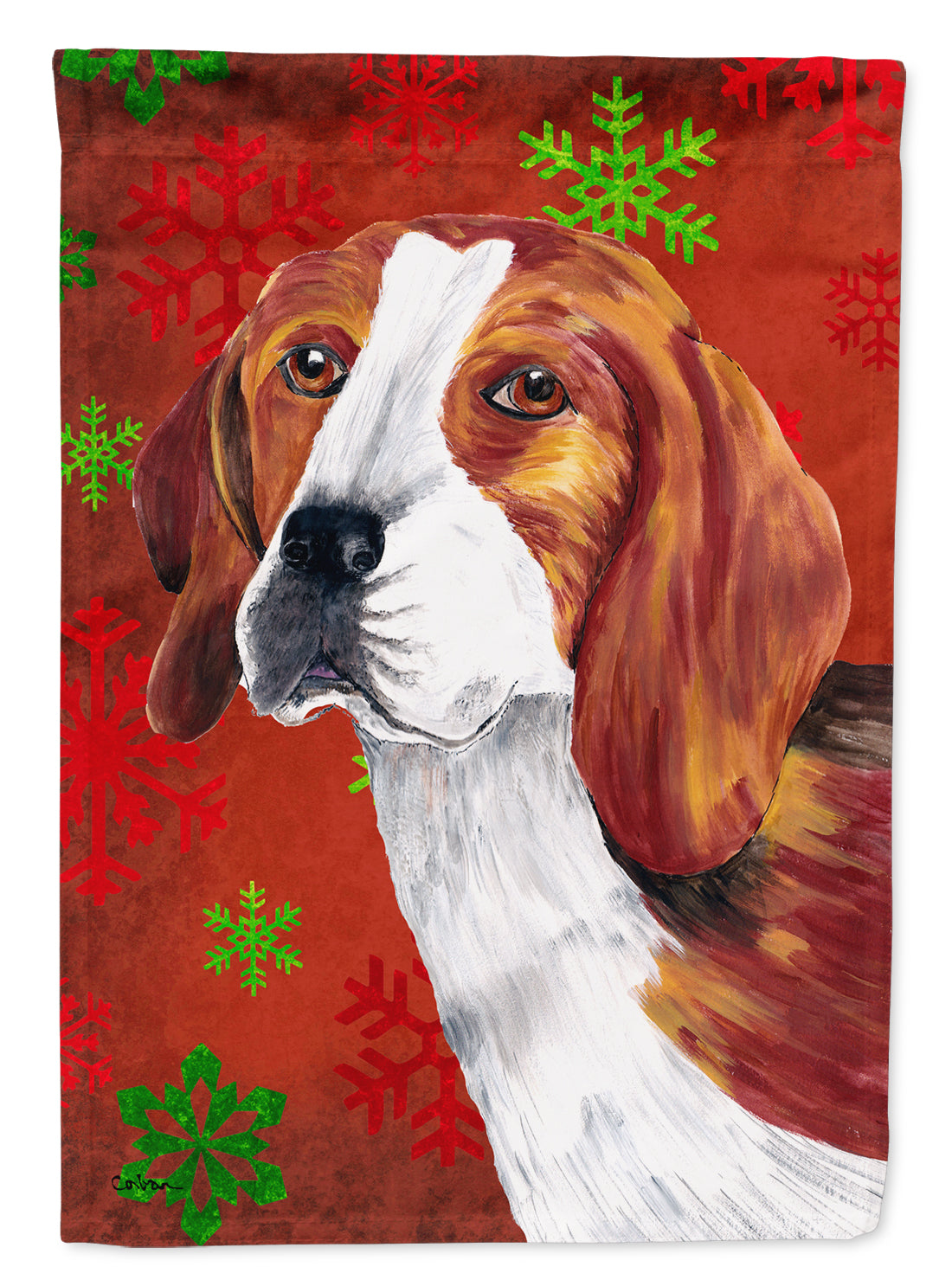 Beagle Red and Green Snowflakes Holiday Christmas Flag Canvas House Size