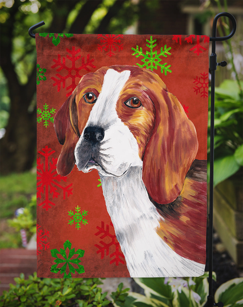 Beagle Red and Green Snowflakes Holiday Christmas Flag Garden Size.